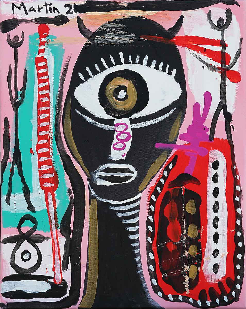 Larry Martin Abstract Painting - Square Contemporary Abstract Portrait of a One Eyed Monster in Pink Background