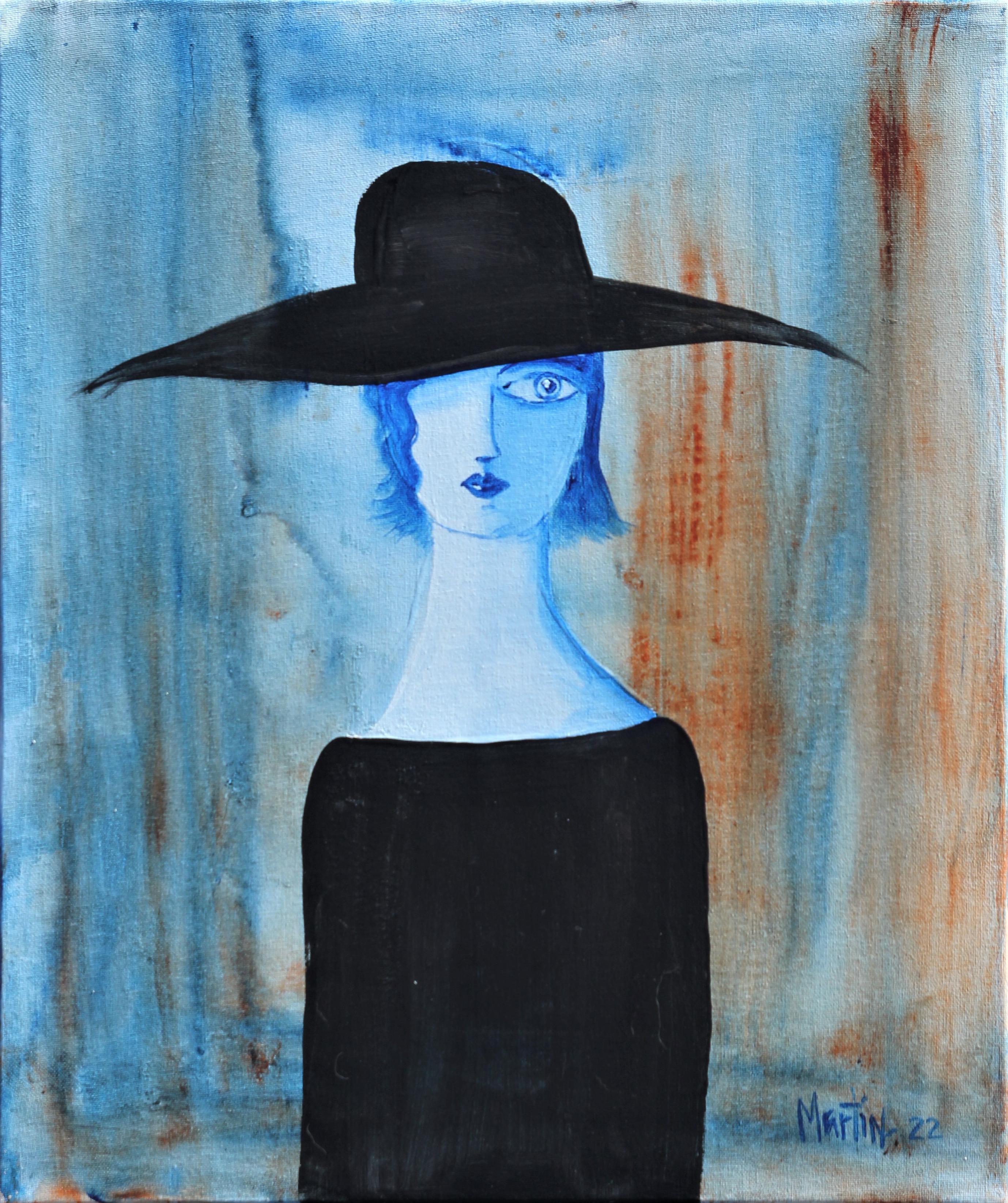 "Sybil" Blue, Orange, and Black Abstract Figurative Portrait of a Woman