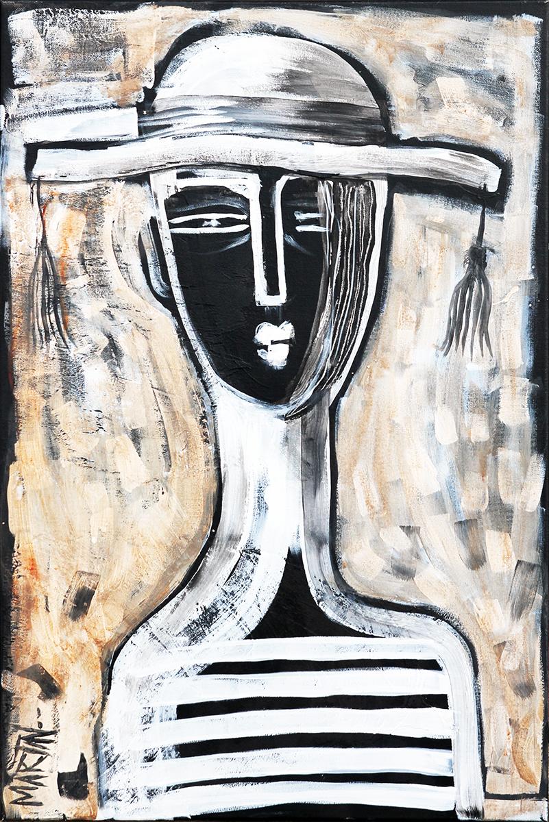Larry Martin Abstract Painting - Contemporary Abstract Brown and Black Contour Line Painting of a Figure in a Hat