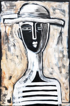Contemporary Abstract Brown and Black Contour Line Painting of a Figure in a Hat