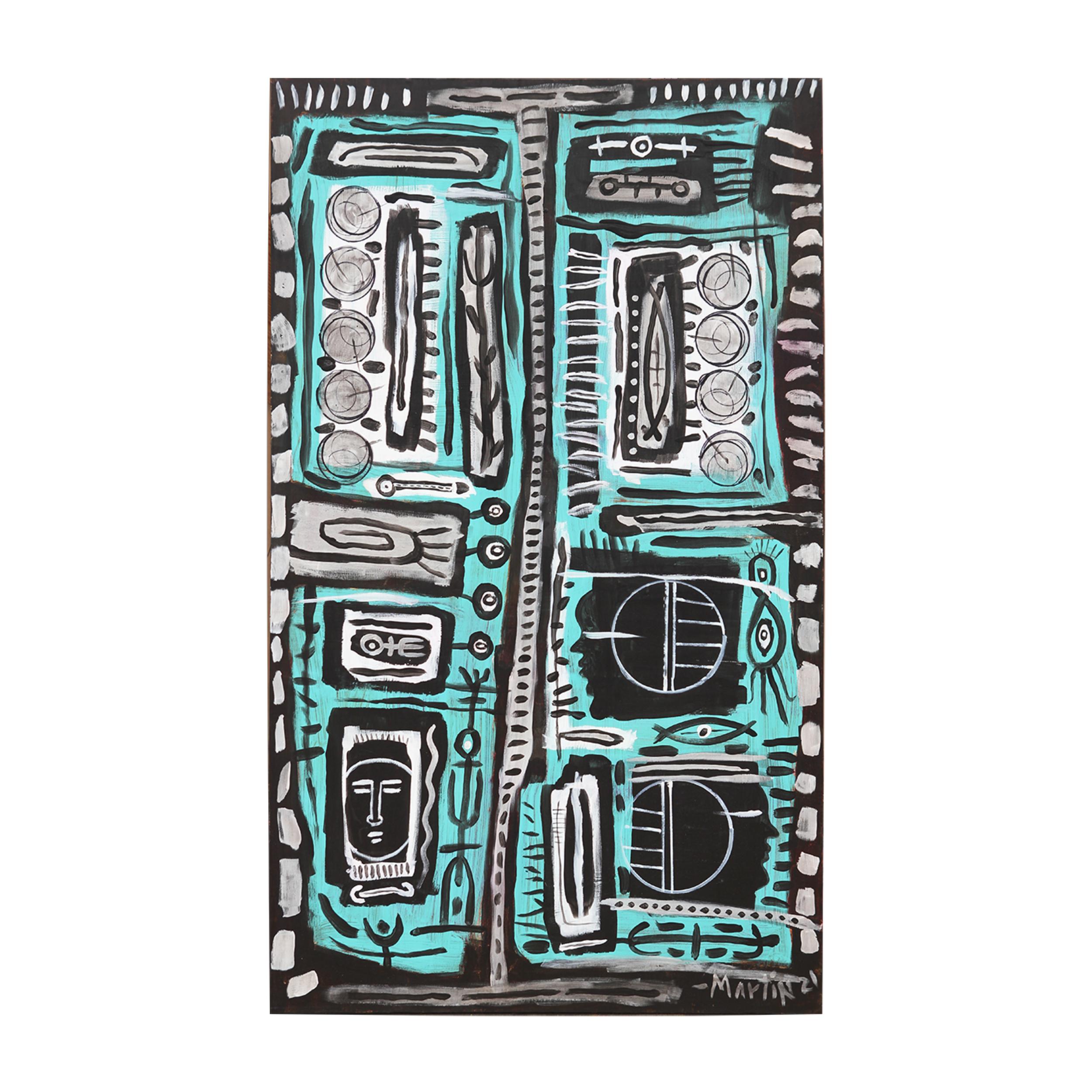 Larry Martin Teal, Black, and Grey Toned Abstract Painting For Sale