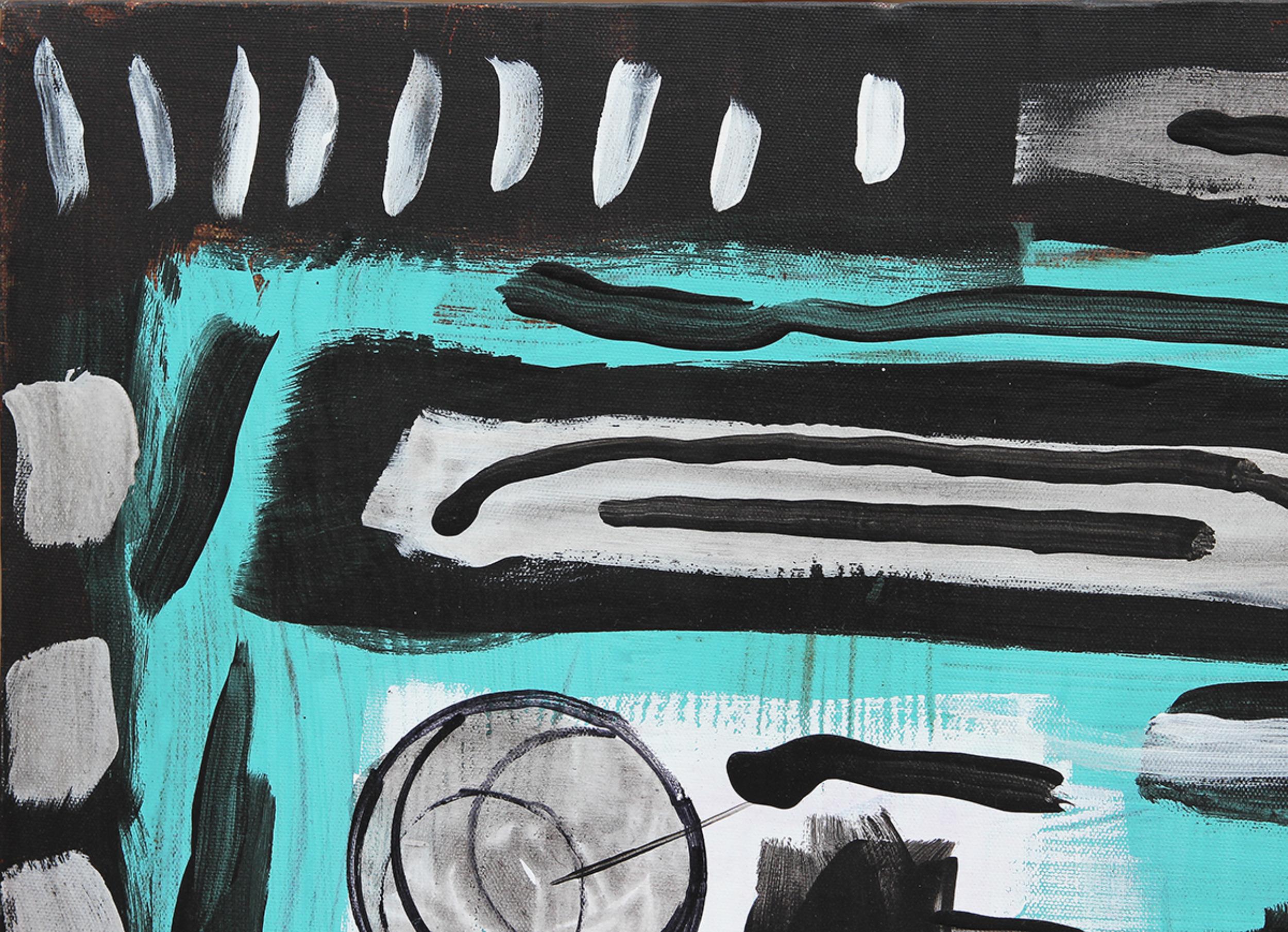 Larry Martin Teal, Black, and Grey Toned Abstract Painting For Sale