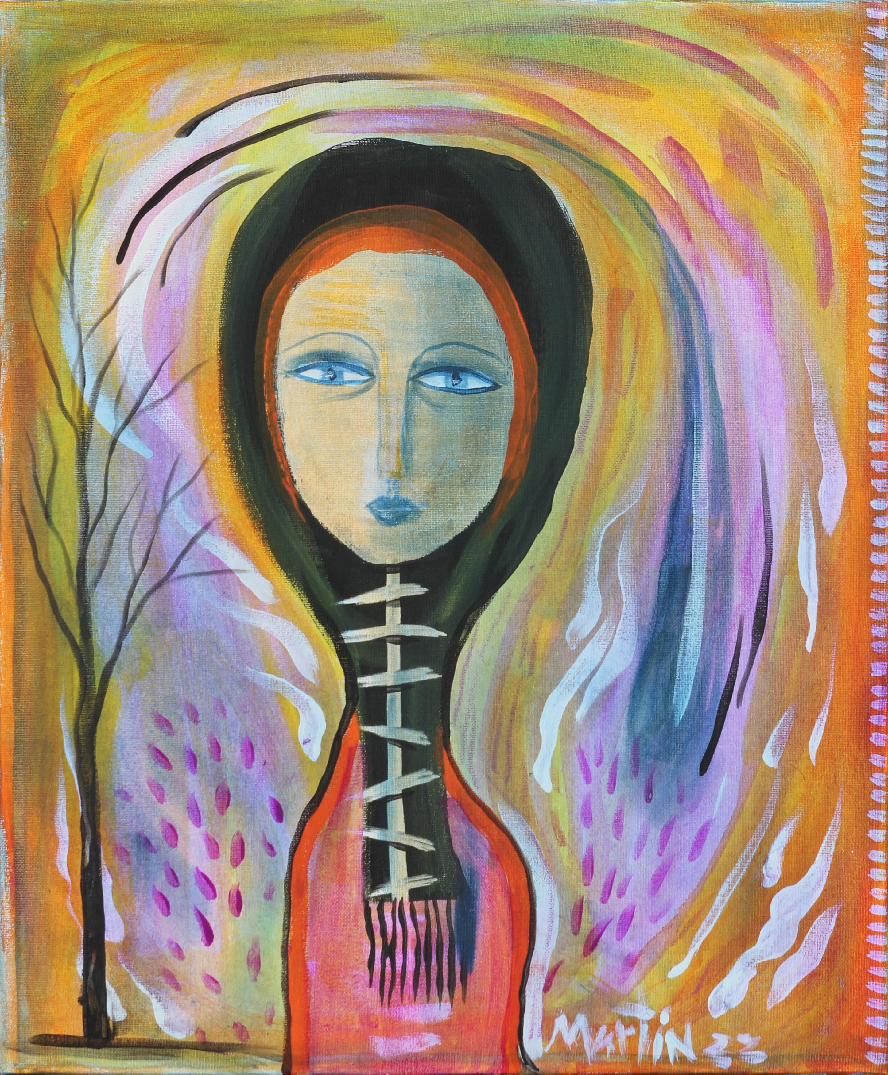 “Walking in the Woods” Orange, Pink, Red, and Black Abstract Figurative Painting