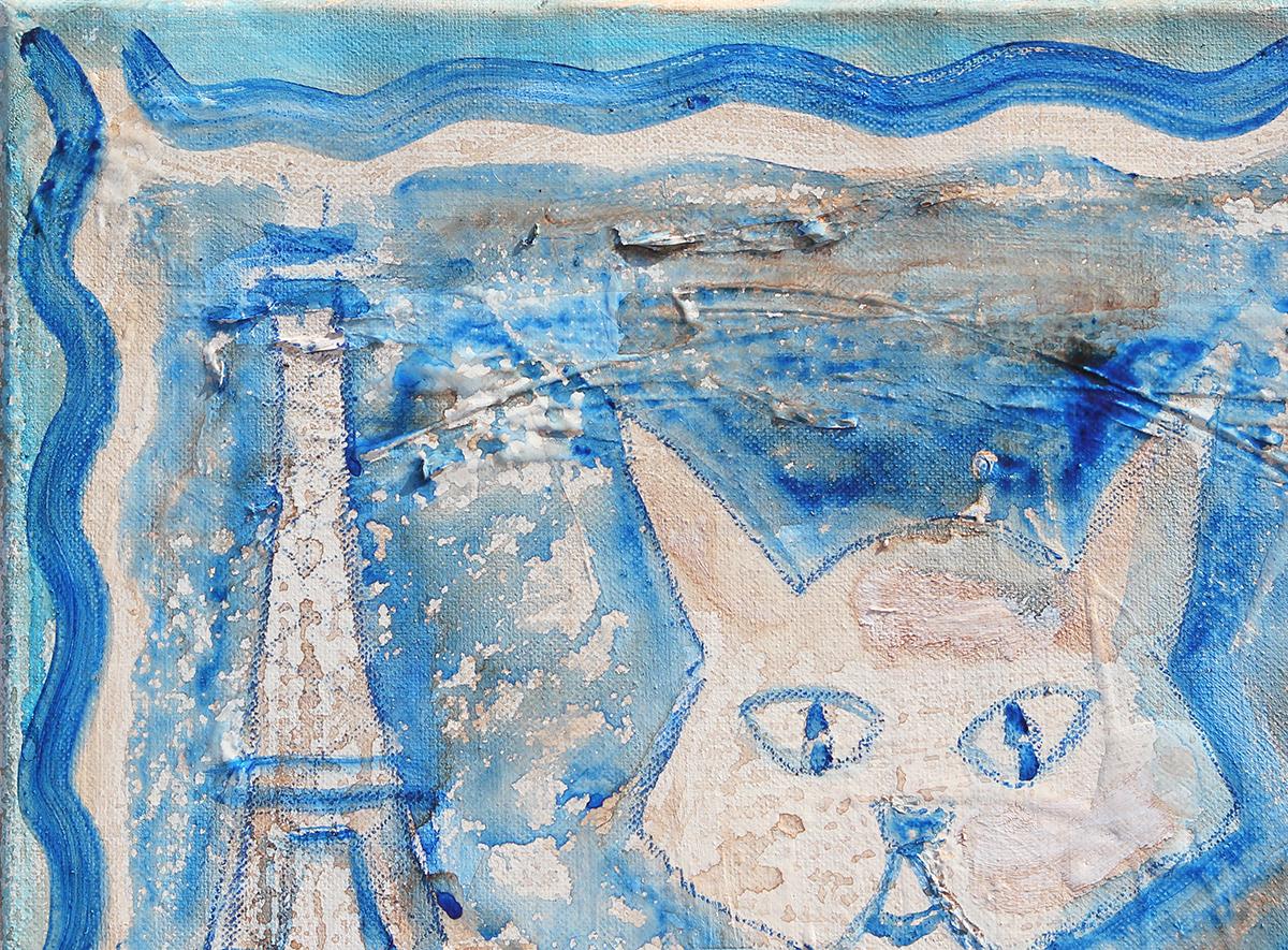 Small blue and white abstract contemporary painting depicting a whimsy cat wearing a pearl Chanel necklace. Background shows the Eiffel Tower and various foliage. Signed by artist in the bottom right. Unframed but framing options are