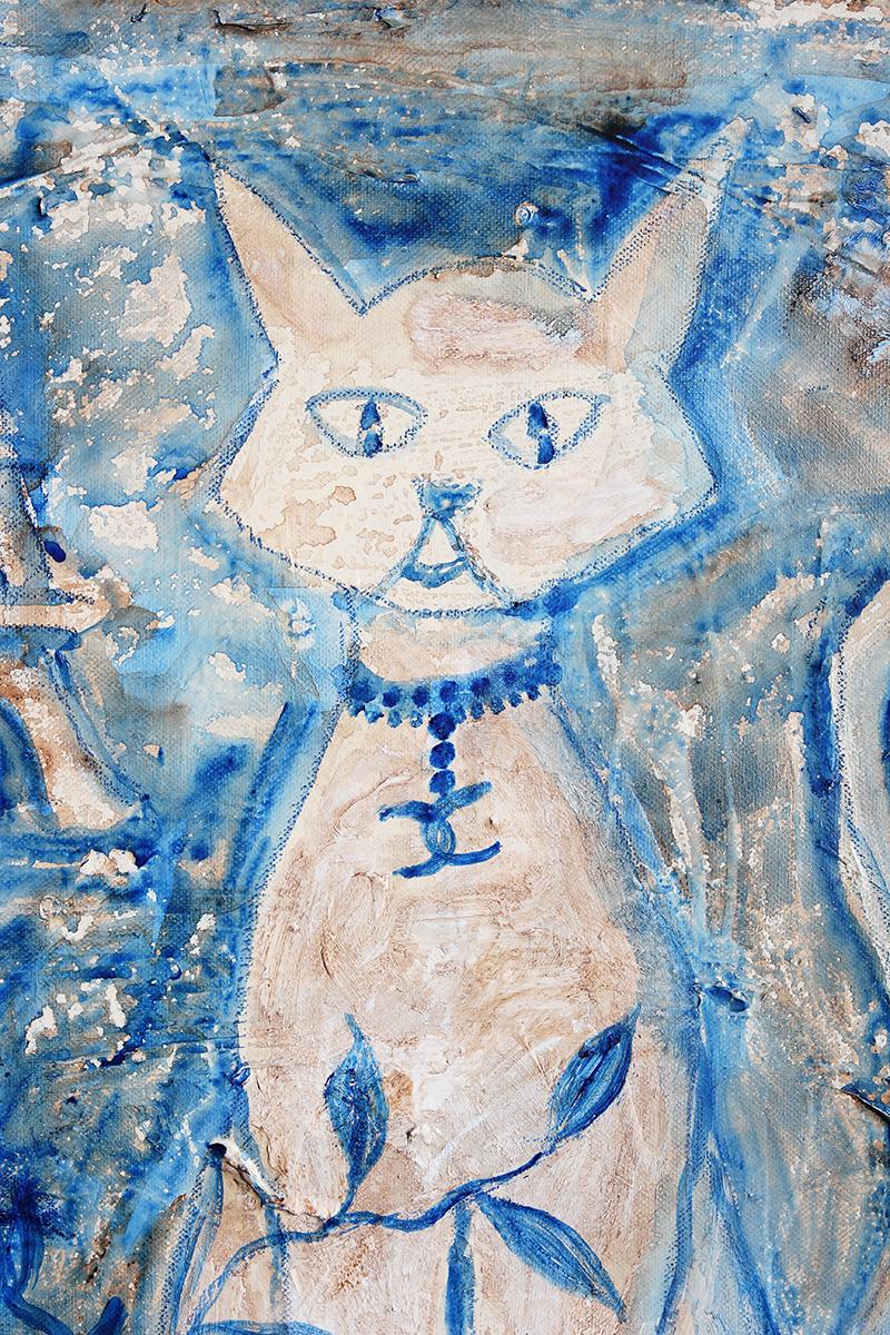 White and Blue Parisian Themed Abstract Contemporary Cat Painting 1
