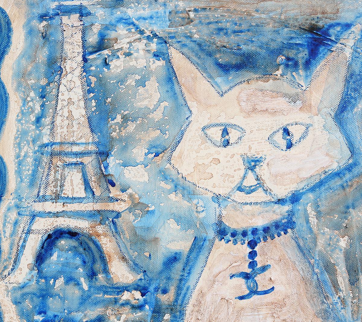 White and Blue Parisian Themed Abstract Contemporary Cat Painting 4