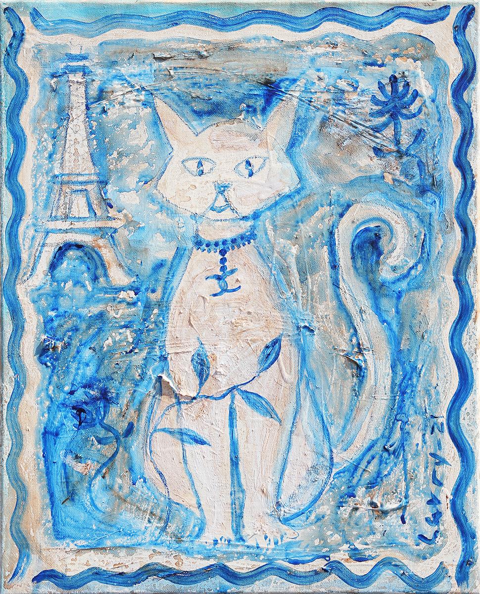 Larry Martin Abstract Painting - White and Blue Parisian Themed Abstract Contemporary Cat Painting