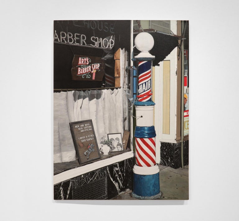 Larry Nelson ART'S BARBER SHOP, photorealistic painting by Larry