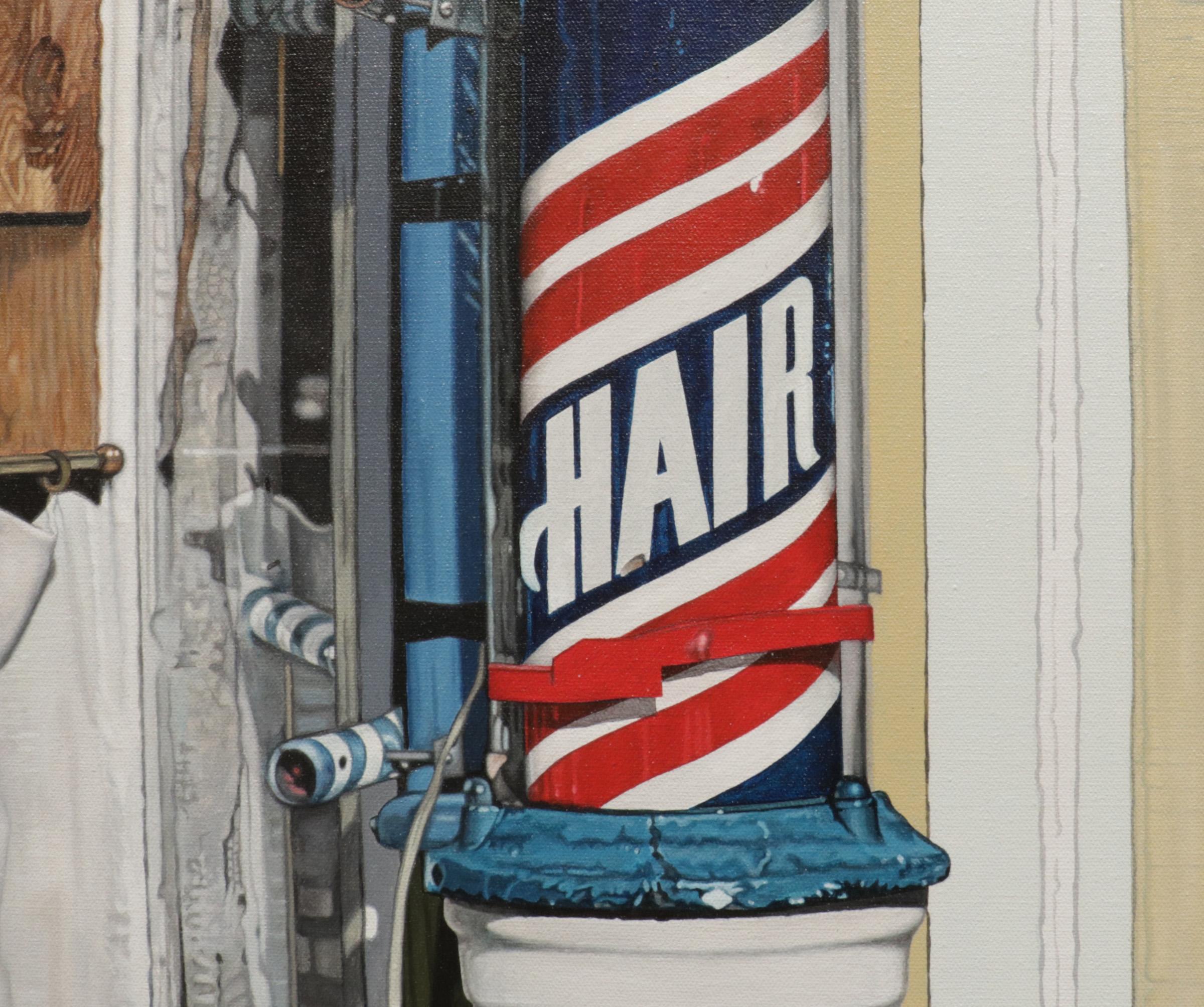 ART'S BARBER SHOP, photo-realistic painting by Larry Nelson For Sale 1