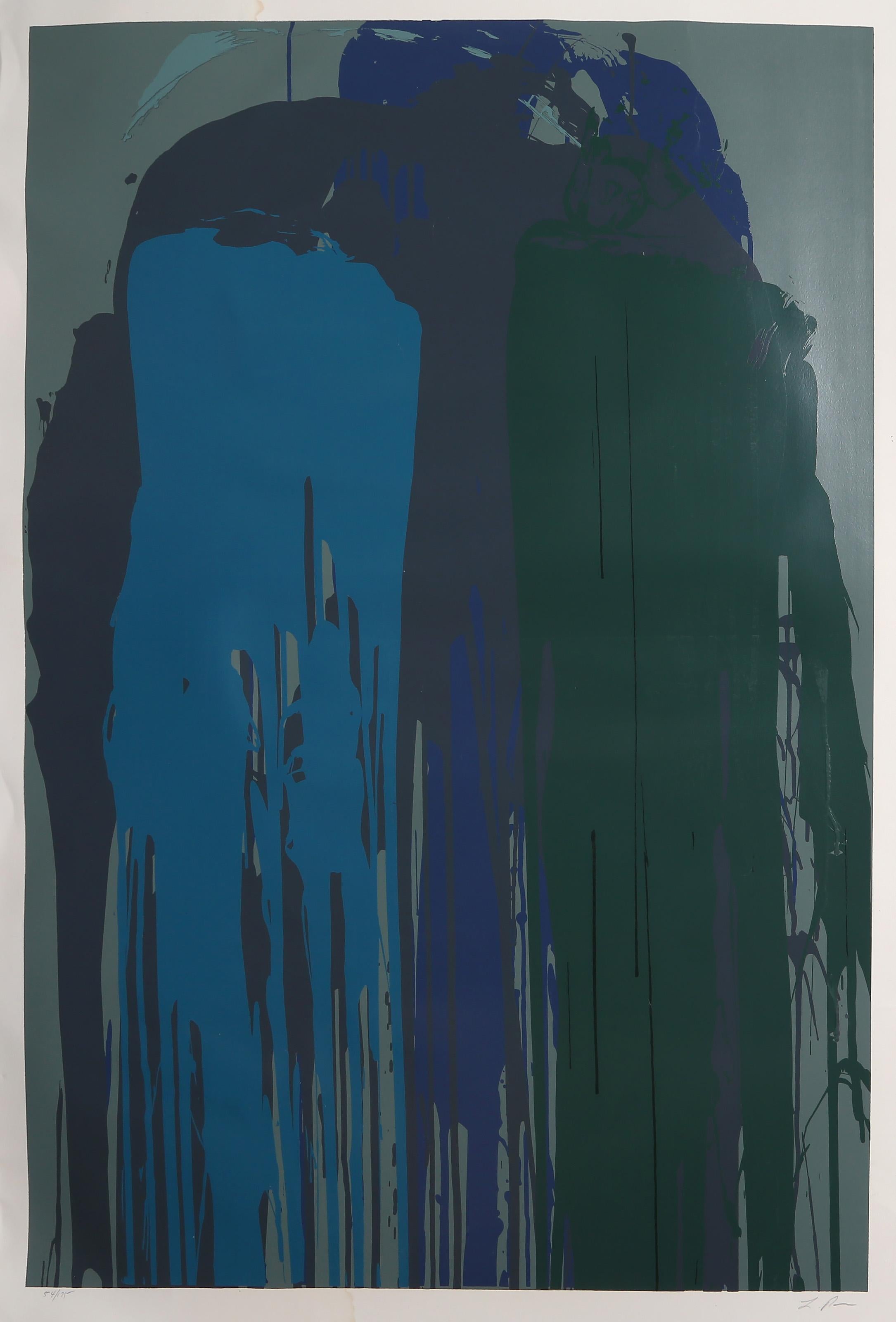 Larry Poons, Américain (1937 - ) - Composition bleue, Année :  1978, Moyen :  Sérigraphie, signée et numérotée au crayon, Edition :  54/175, Taille de l'image :  52.5 x 37 pouces, Taille :  57.5 x 42 in. (146.05 x 106.68 cm), Imprimeur :  David