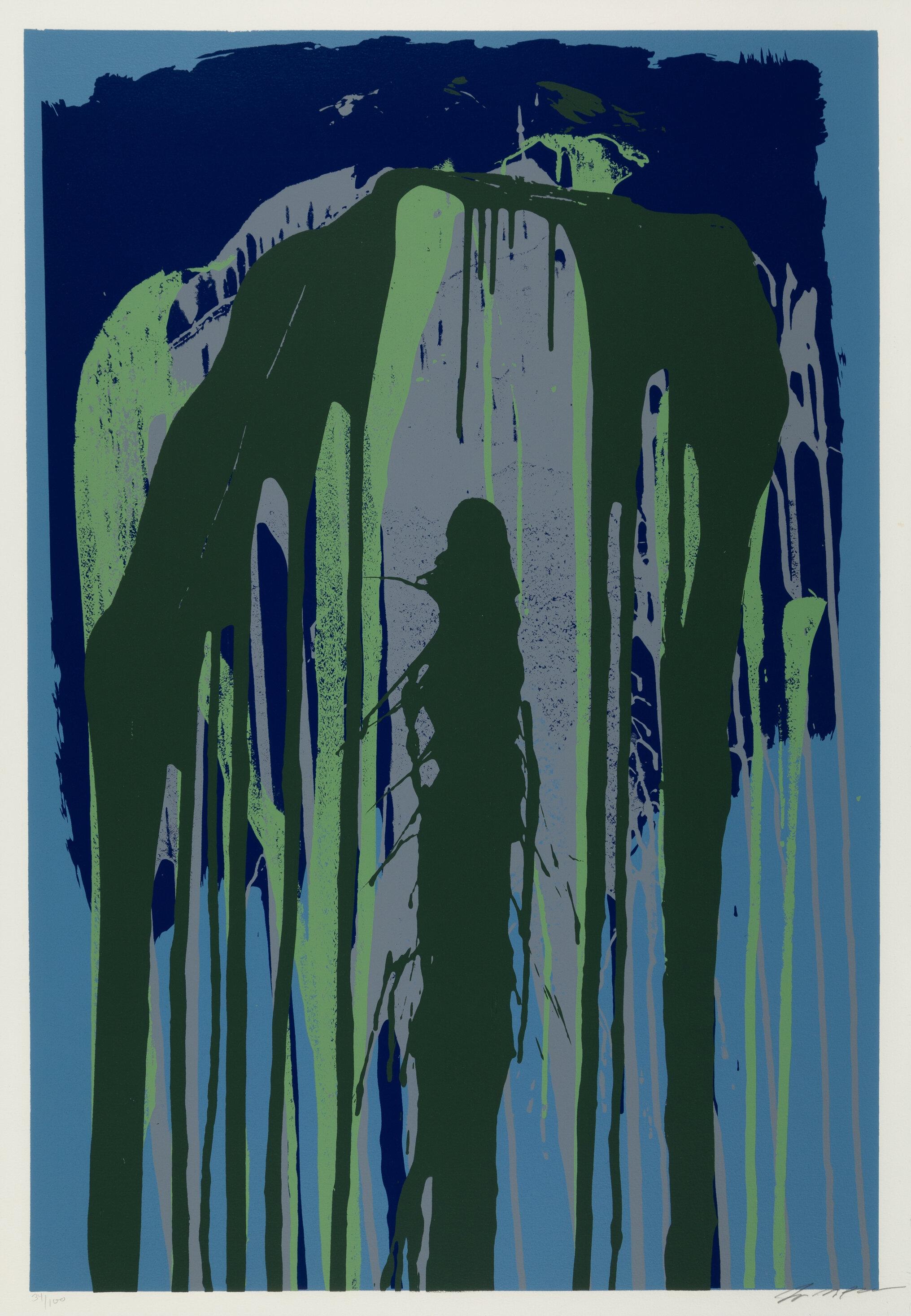 Ein dynamischer und strukturierter Siebdruck des amerikanischen abstrakten Expressionisten Larry Poons. Diese Serie von Drucken ähnelt Leinwänden, die heftig mit Farbe bespritzt worden sind. Dieses Werk ist vom Künstler signiert und
