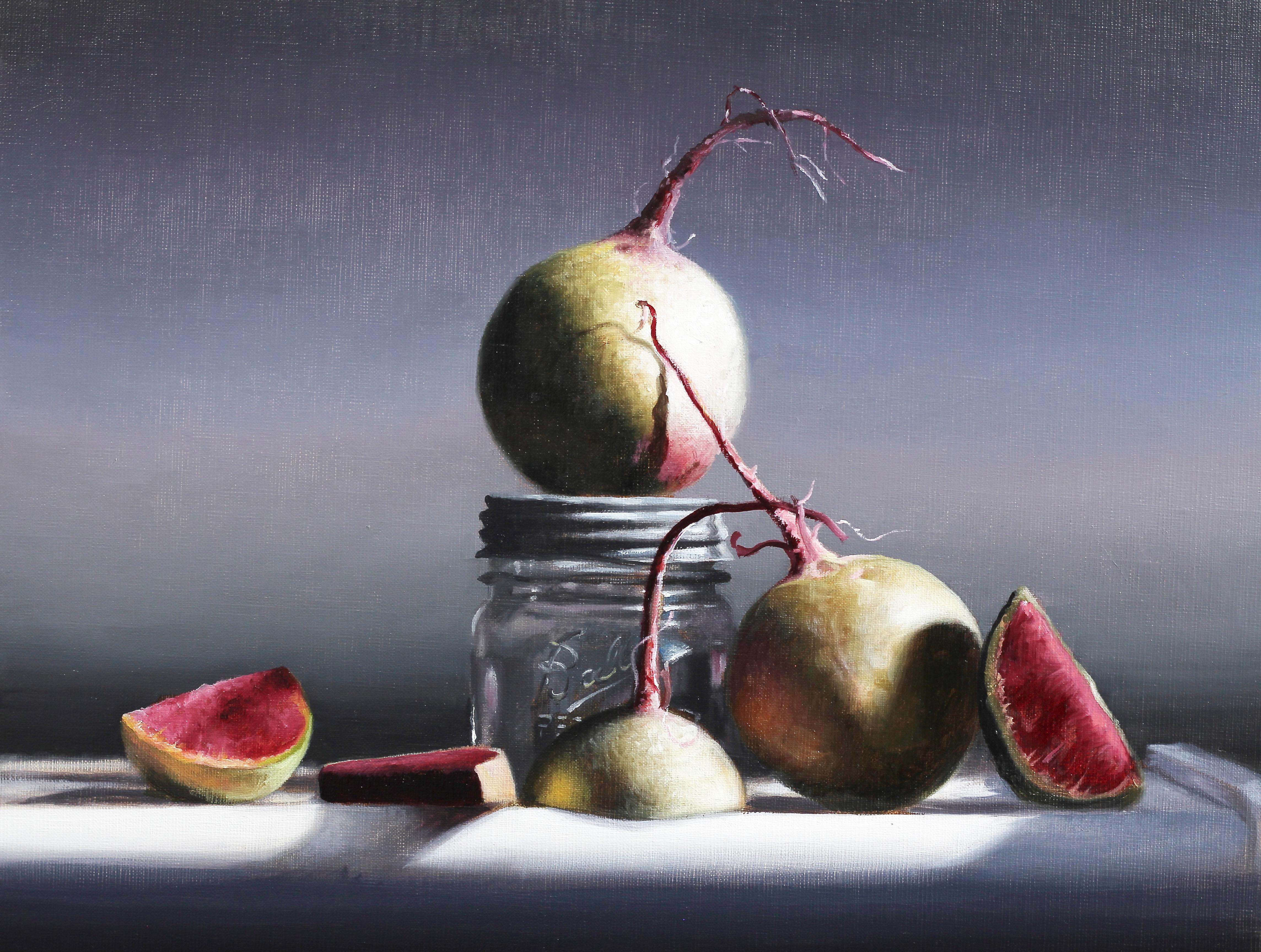 Larry Preston Still-Life Painting - "Watermelon Radishes"  Highly Realistic Small Still Life of Radishes and Glass 