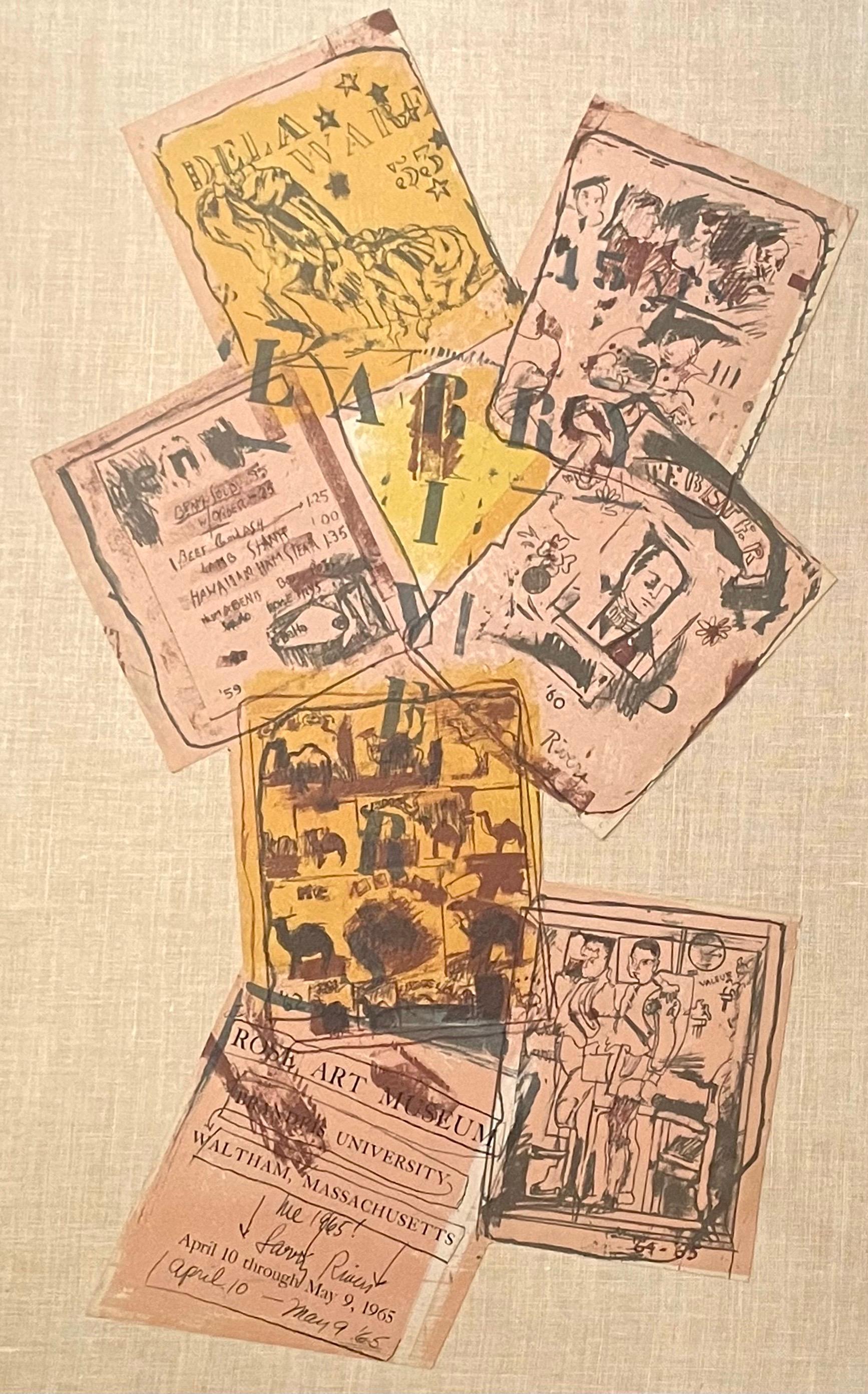 Larry Rivers 
Œuvre moderniste mixte "Brandeis Show Collage" sur papier découpé. (cette  semble être une lithographie d'époque. Il a une étiquette qui le décrit  comme aquarelle et fusain au dos. Il est définitivement coupé à la main) Signé à