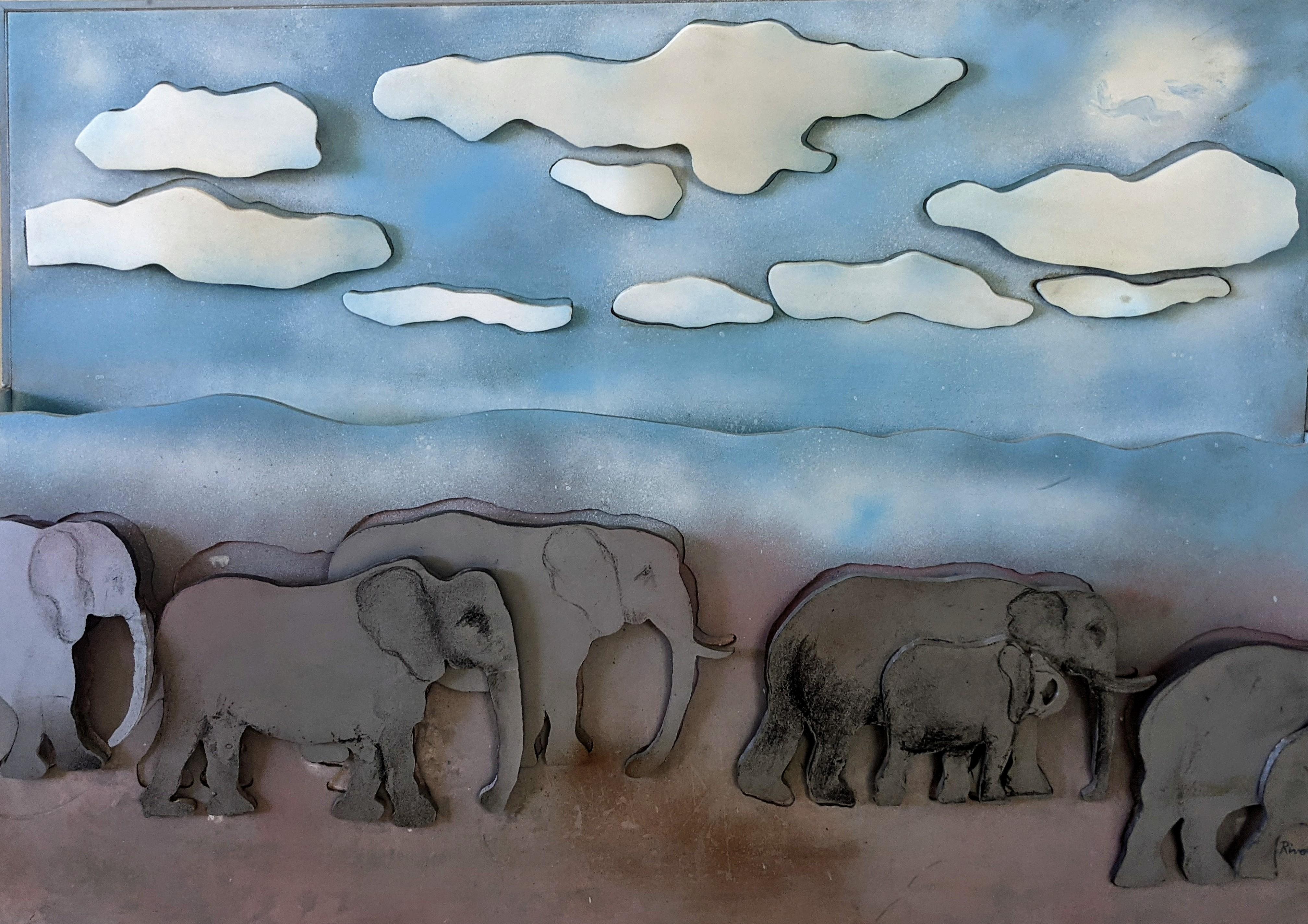 Larry Rivers (1923 - 2002) 
Amboseli Elephants, 1968
Metal with airbrushing, acrylic
26 x 36 x 5 1/4 inches

Figurative artist Larry Rivers was born in the Bronx in 1923 to Ukrainian Jewish parents, and was named Yitzak Loiza Grossberg.  Rivers
