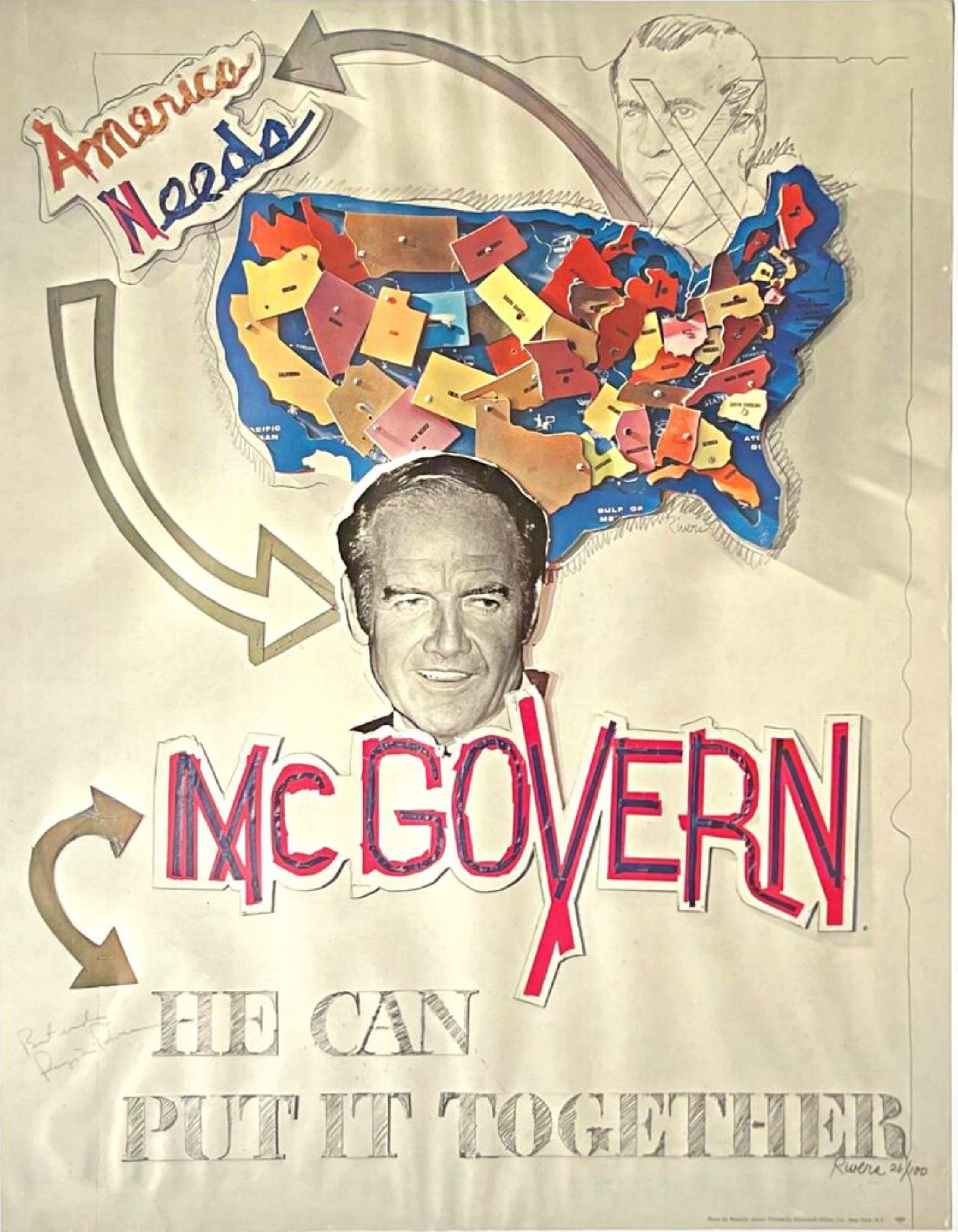 Abstract Print de Larry Rivers - America Needs McGovern, Teniente Ed Mano firmada TANTO por Rivers como por McGovern