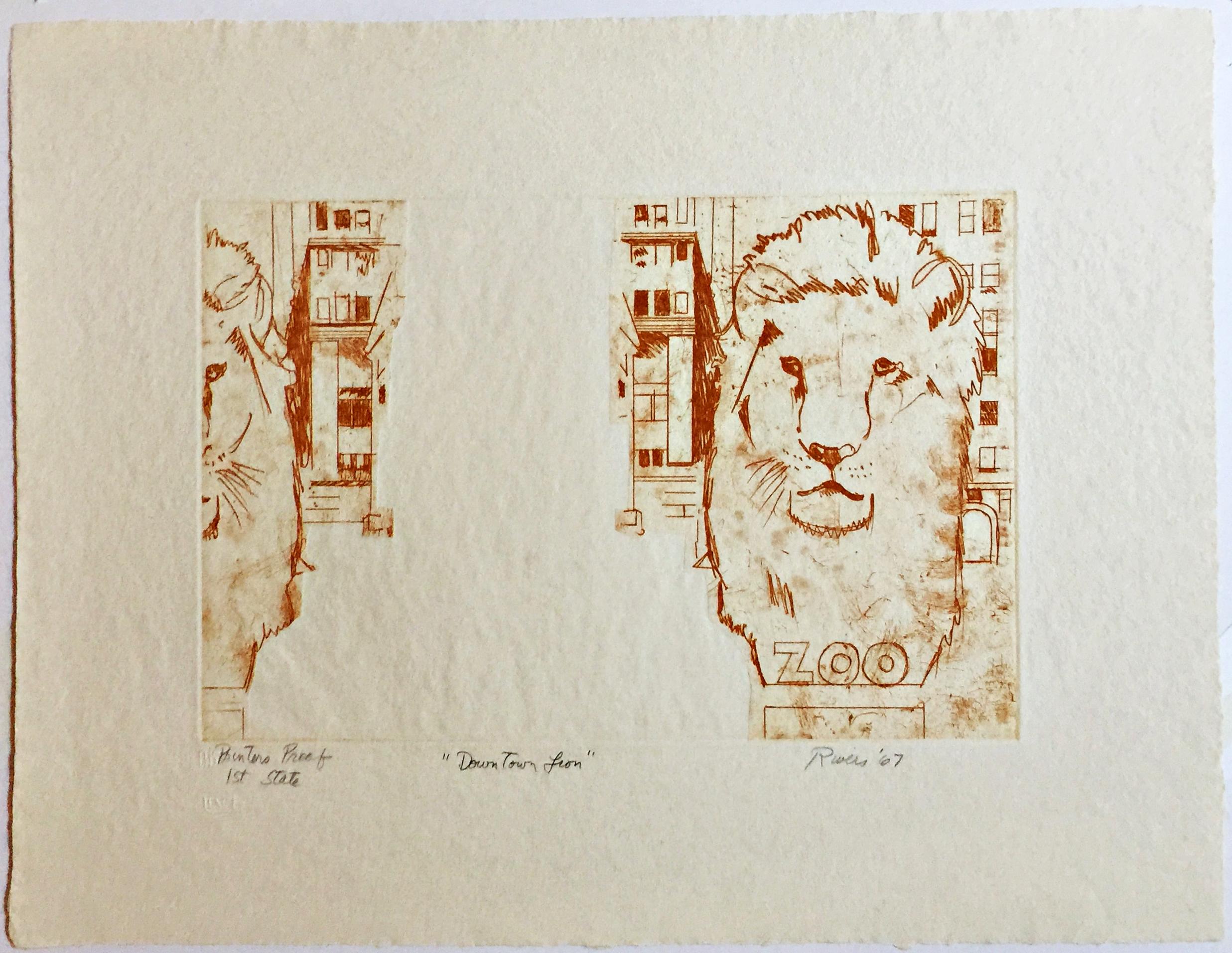 Downtown Lion (1st State), Pop Art Etching on paper unique signed Printers Proof For Sale 2