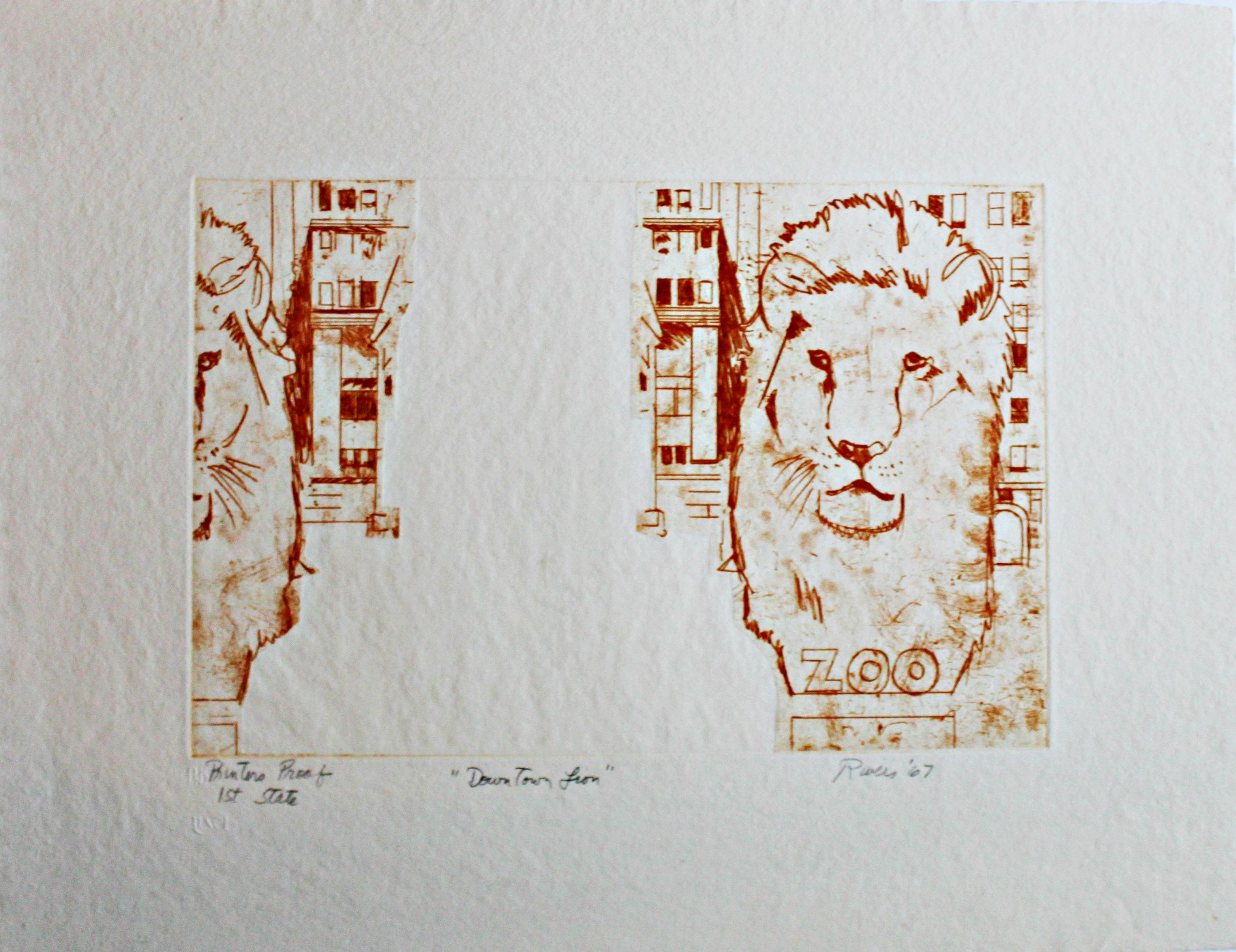 Downtown Lion (1st State), acquaforte Pop Art su carta, prova di stampa unica firmata