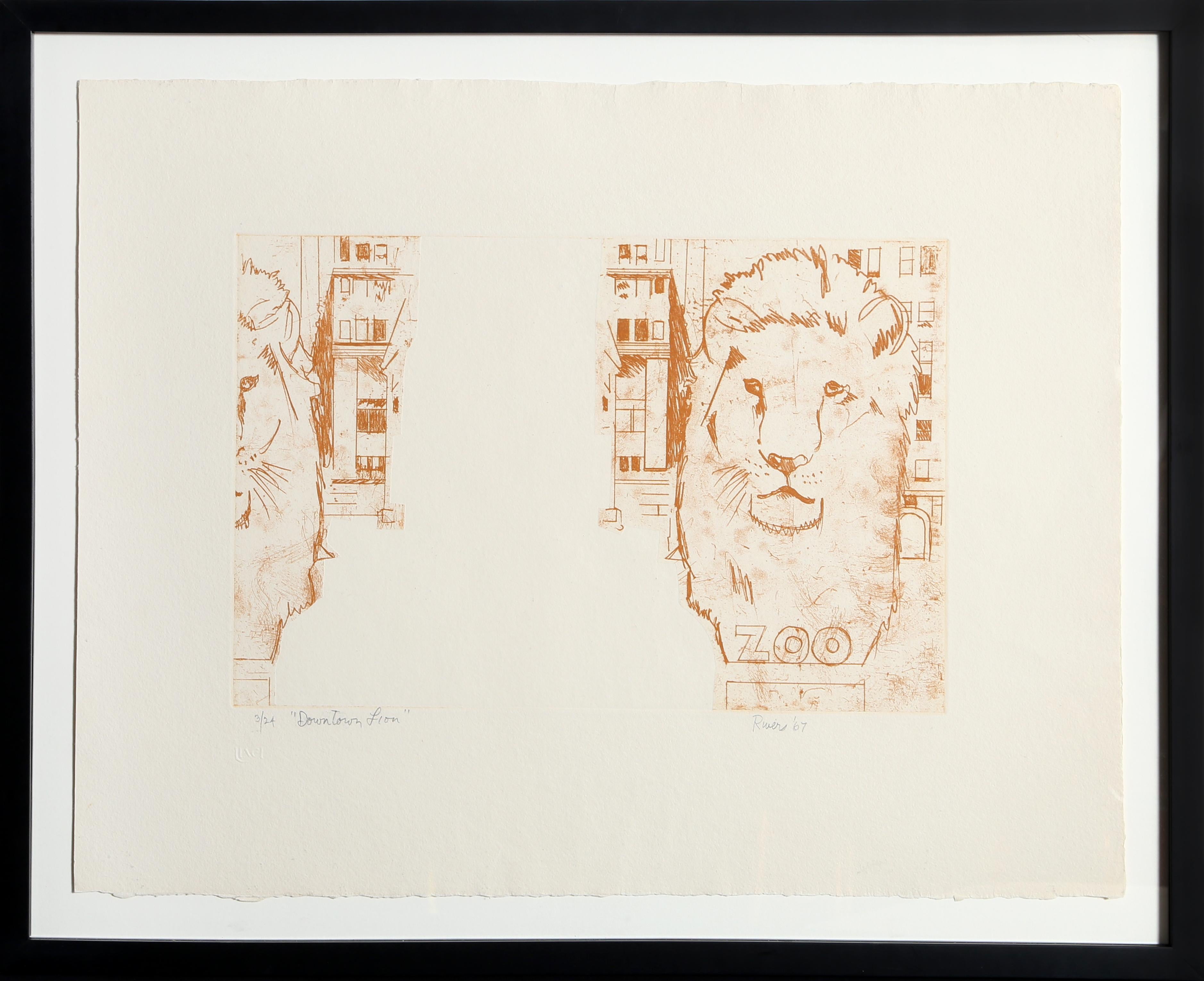 Künstler: Larry Rivers, Amerikaner (1923 - 2002)
Titel: Downtown Löwe
Jahr: 1967
Medium: Radierung auf Büttenpapier, mit Bleistift signiert und nummeriert
Ausgabe: 3/24
Bildgröße: 11,5 x 17,5 Zoll 
Größe: 20 x 25,5 Zoll (50,8 x 64,77