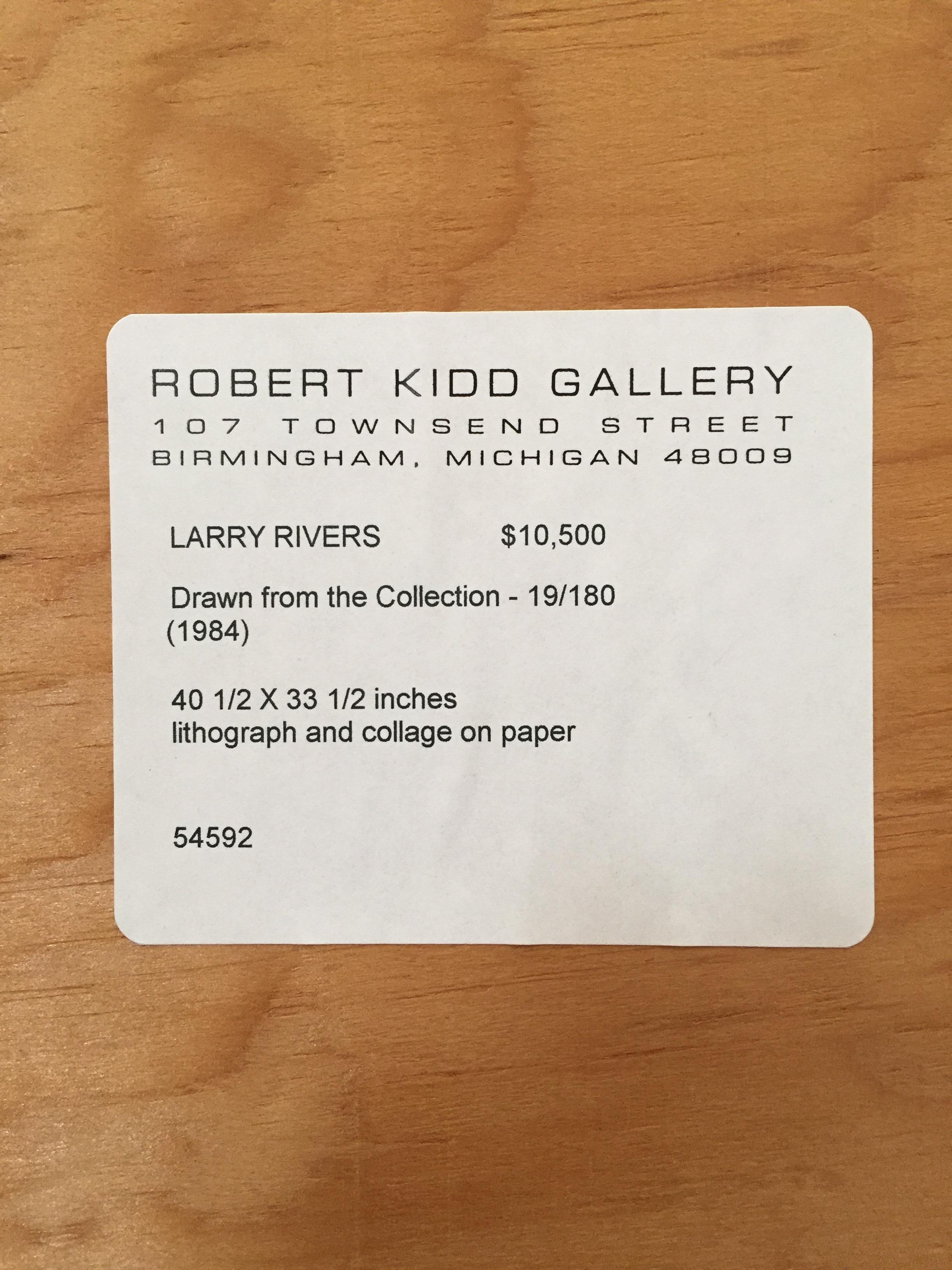 A perfect example of the great Larry Rivers' super-complex lithograph collages, painstakingly printed and assembled in layers. (Gallery label for $10,500 still attached, as shown in photo.) This one comprises various drawings of his own from his