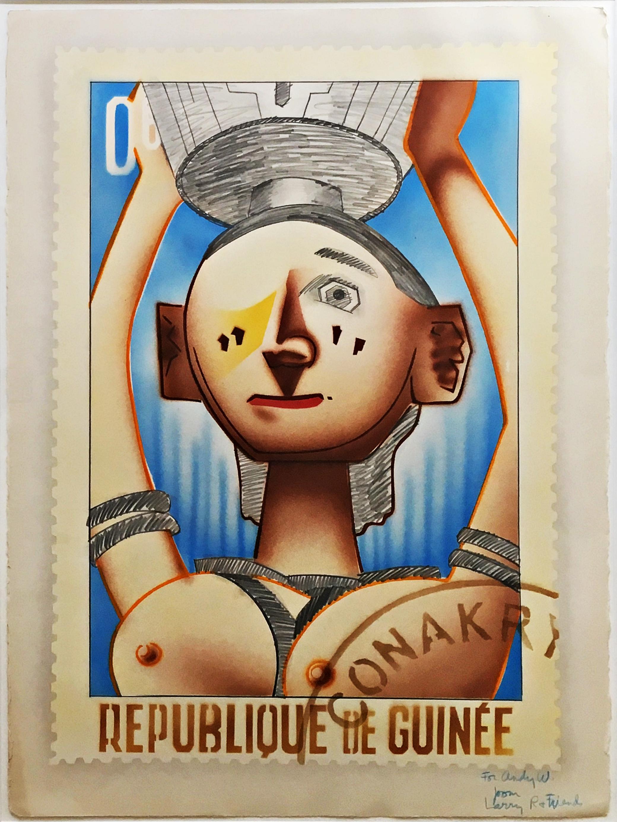 Larry Rivers Republique De Guinee Pochoir Inscribed in ink to Andy Warhol Framed For Sale 1