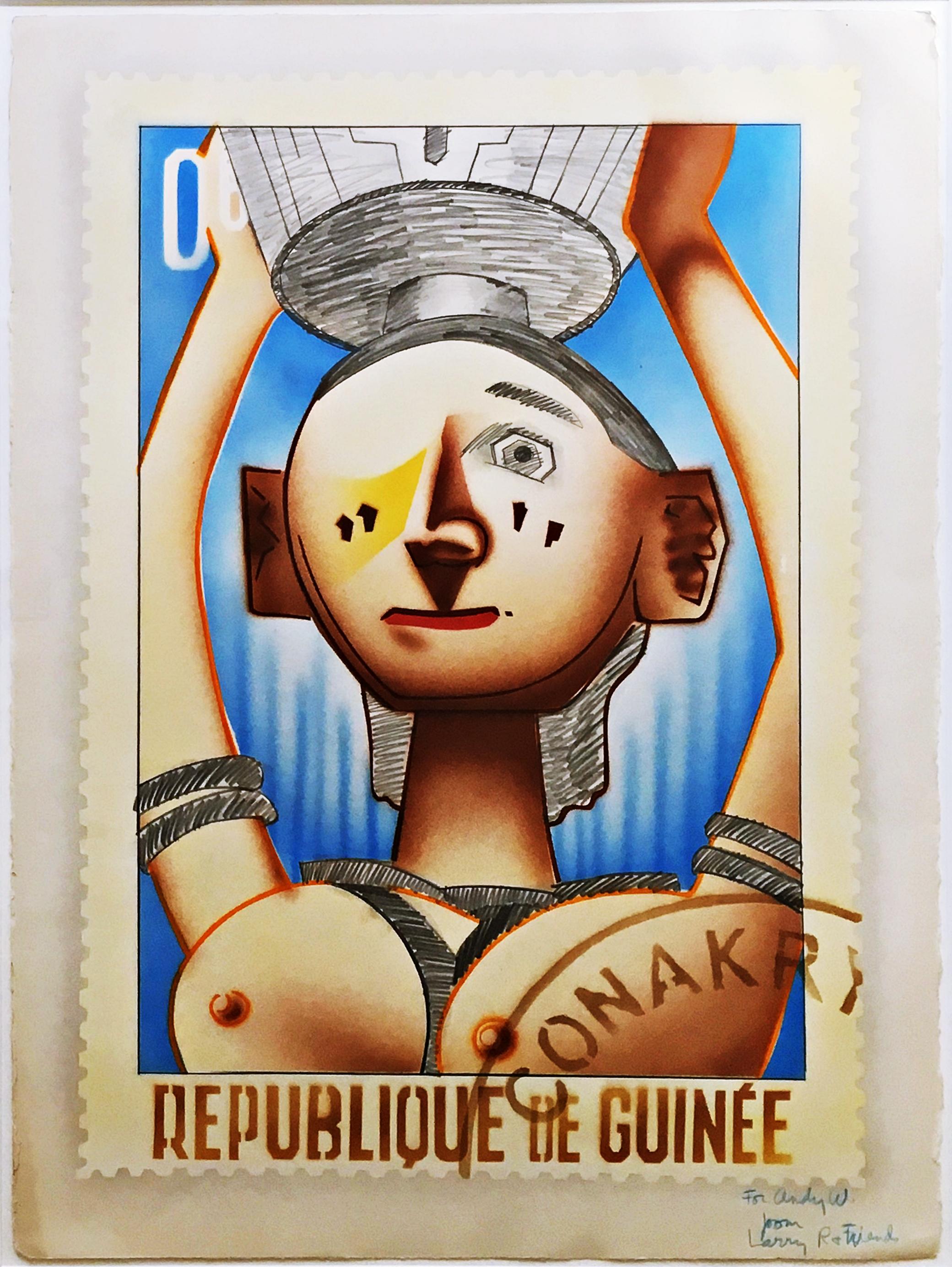 Larry Rivers
Republique De Guinee, for Andy Warhol, Inscribed in ink to Andy Warhol, 1977
Color Pochoir, Acrylic Airbrush and Pencil on paper with deckled edges
Hand signed and inscribed to Andy Warhol by Larry Rivers in blue crayon as follows: "For