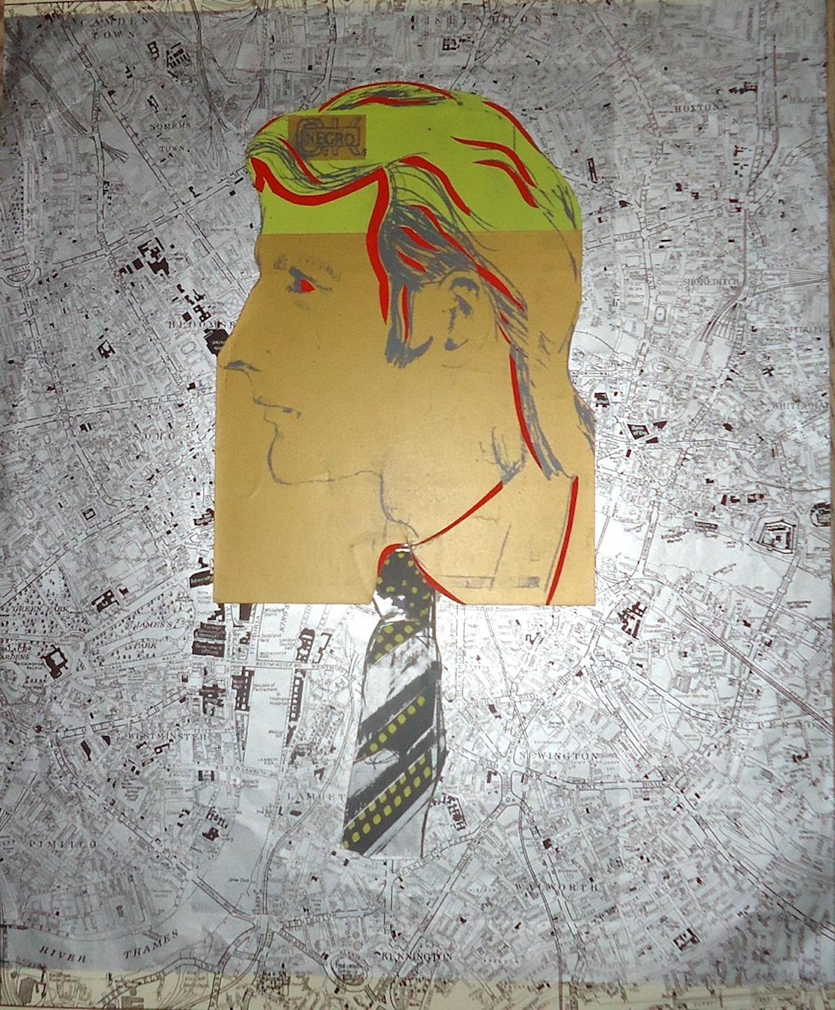 Map with Fraser 1966 in an original screenprint and collage realized by the American artist Larry Rivers in 1966.

Very good conditions.

This print, recalling a Pop Art atmosphere, portrays the profile of a man with a map of London on the