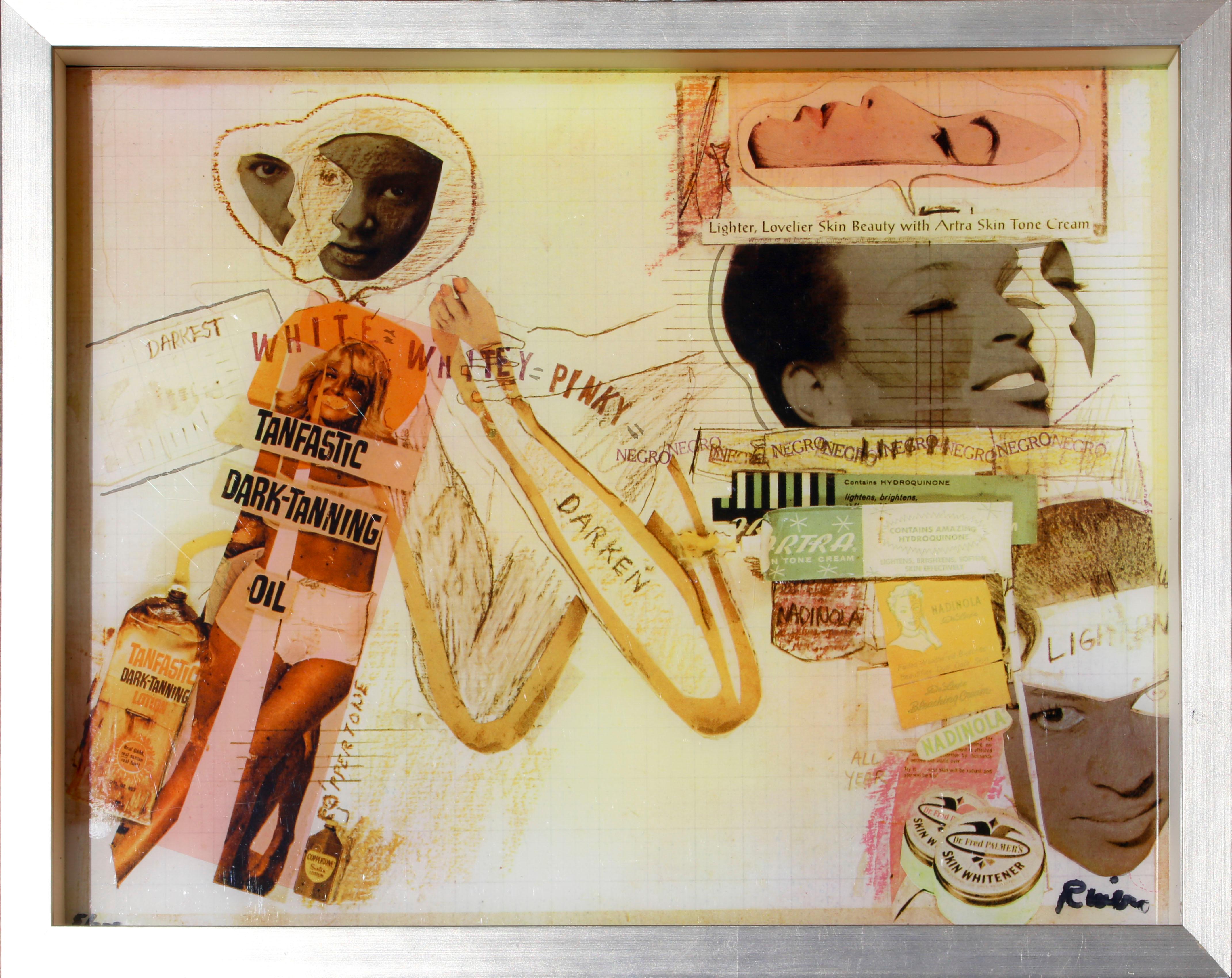 Ein anspruchsvolles Werk des amerikanischen Pop-Künstlers Larry Rivers. Dieser Druck im Collage-Stil befasst sich mit der Dualität des Colorismus, insbesondere in den USA. Weiße Menschen werden ermutigt, Produkte zu verwenden, um brauner zu werden,