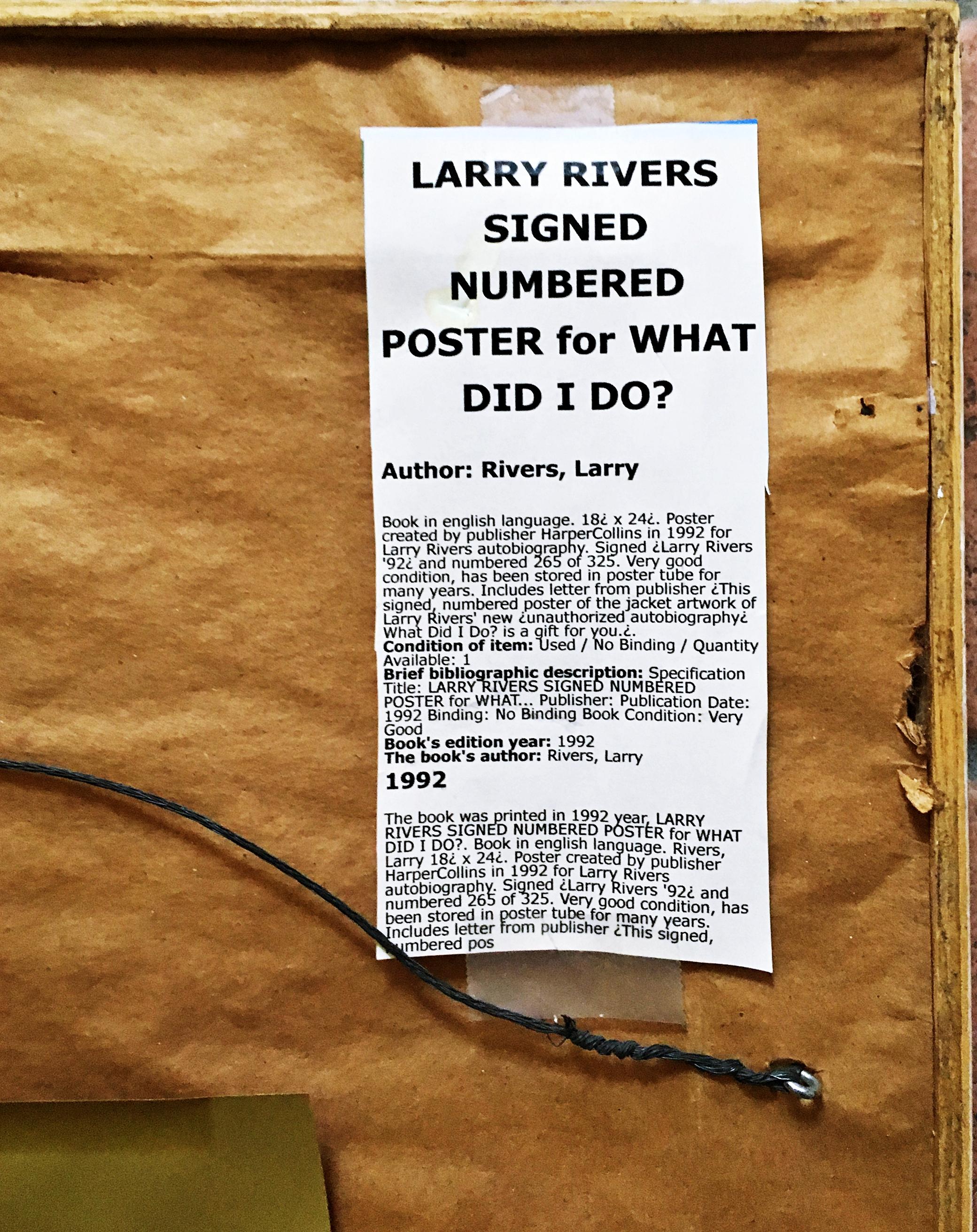 Larry Rivers
Was hat ich getan? Die unautorisierte Biographie, 1992
Lithographie auf Velinpapier
Handsigniert, nummeriert 3/325 und datiert unten rechts auf der Vorderseite
Inklusive Rahmen: mattiert und gerahmt
Hervorragende alte Offsetlithografie,