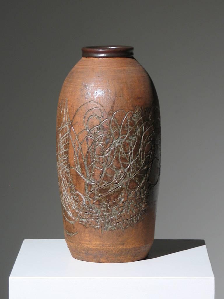 Incised and Glazed Ceramic Vase For Sale 1