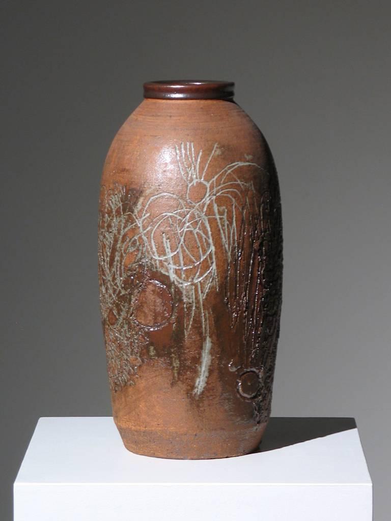 Incised and Glazed Ceramic Vase - Sculpture by Larry Shep