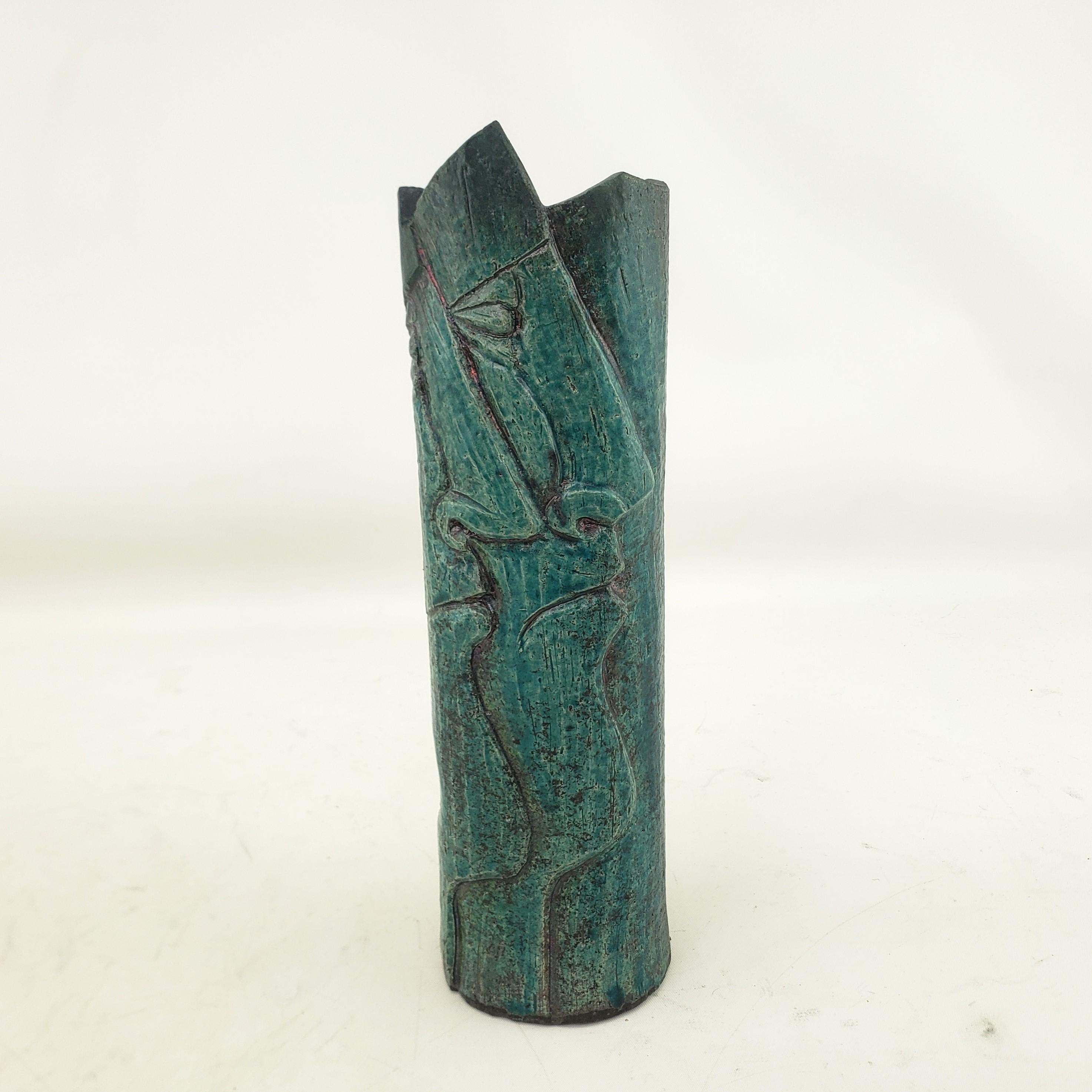 Hand-Crafted Larry Shep Signed Turquoise Mid-Century Modern Styled Studio Art Pottery Vase For Sale