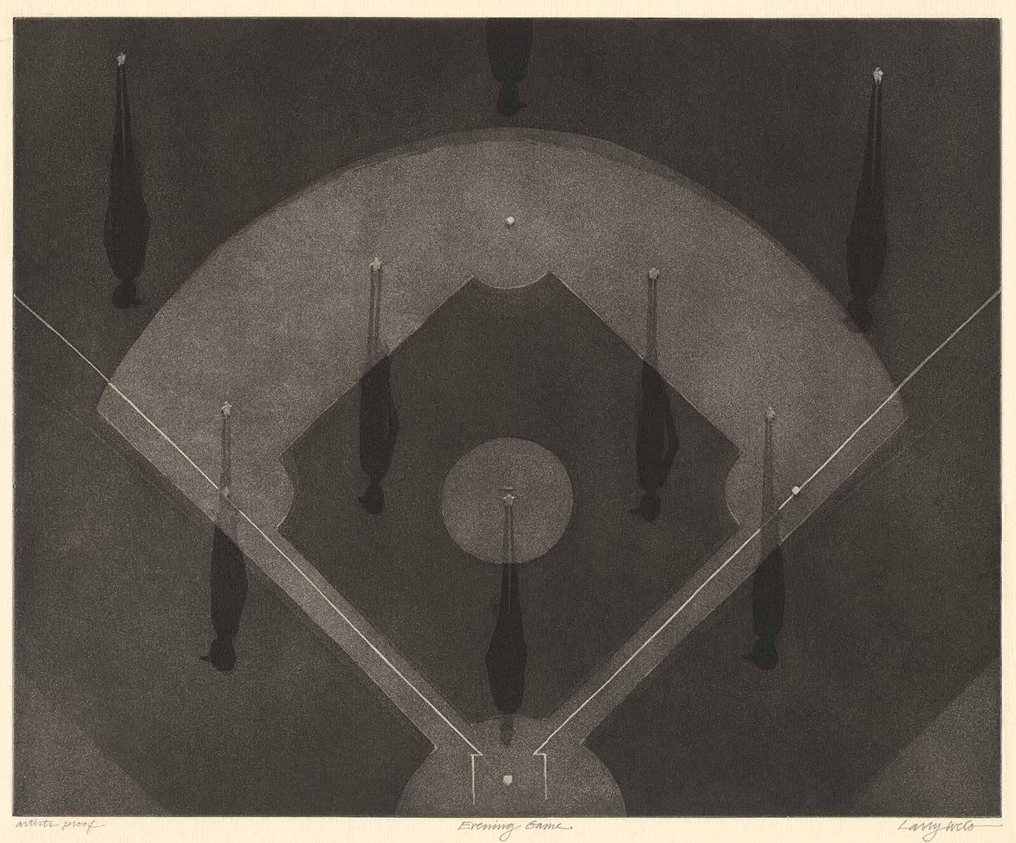 Larry Welo Landscape Print - Evening Game (aerial view of night baseball game with players casting shadows)