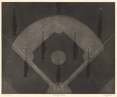 Evening Game (aerial view of night baseball game with players casting shadows)