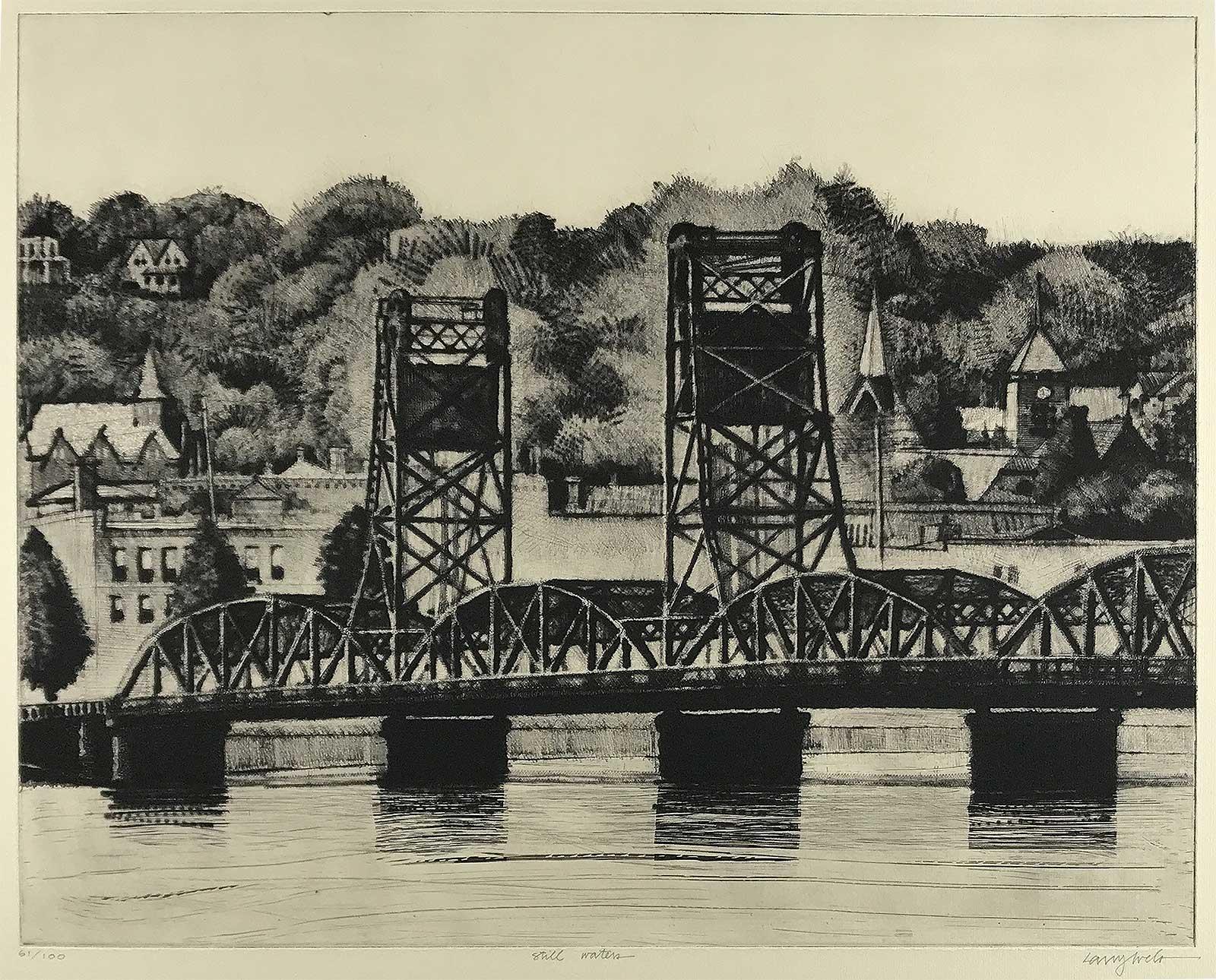 Still Waters (A bridge over still waters in upper Midwest) - American Modern Print by Larry Welo
