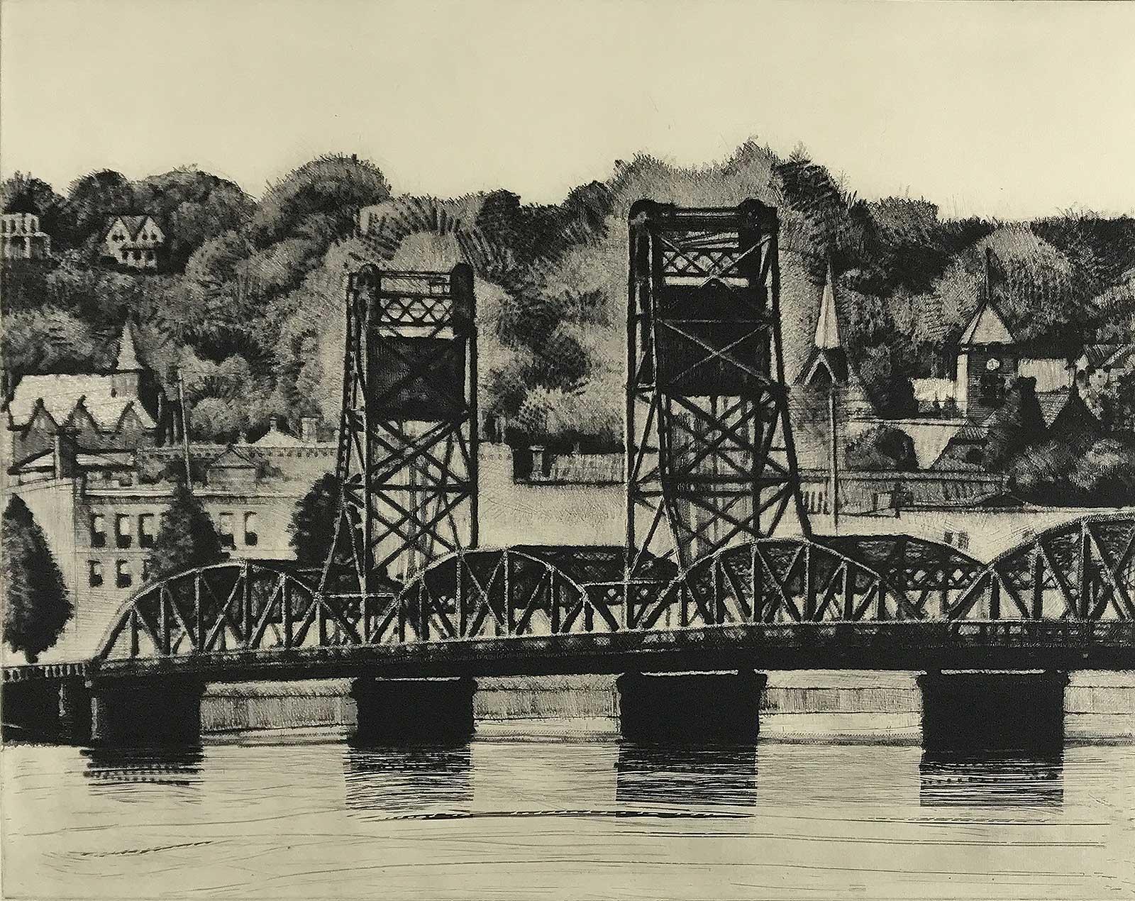 Larry Welo Still-Life Print - Still Waters (A bridge over still waters in upper Midwest)