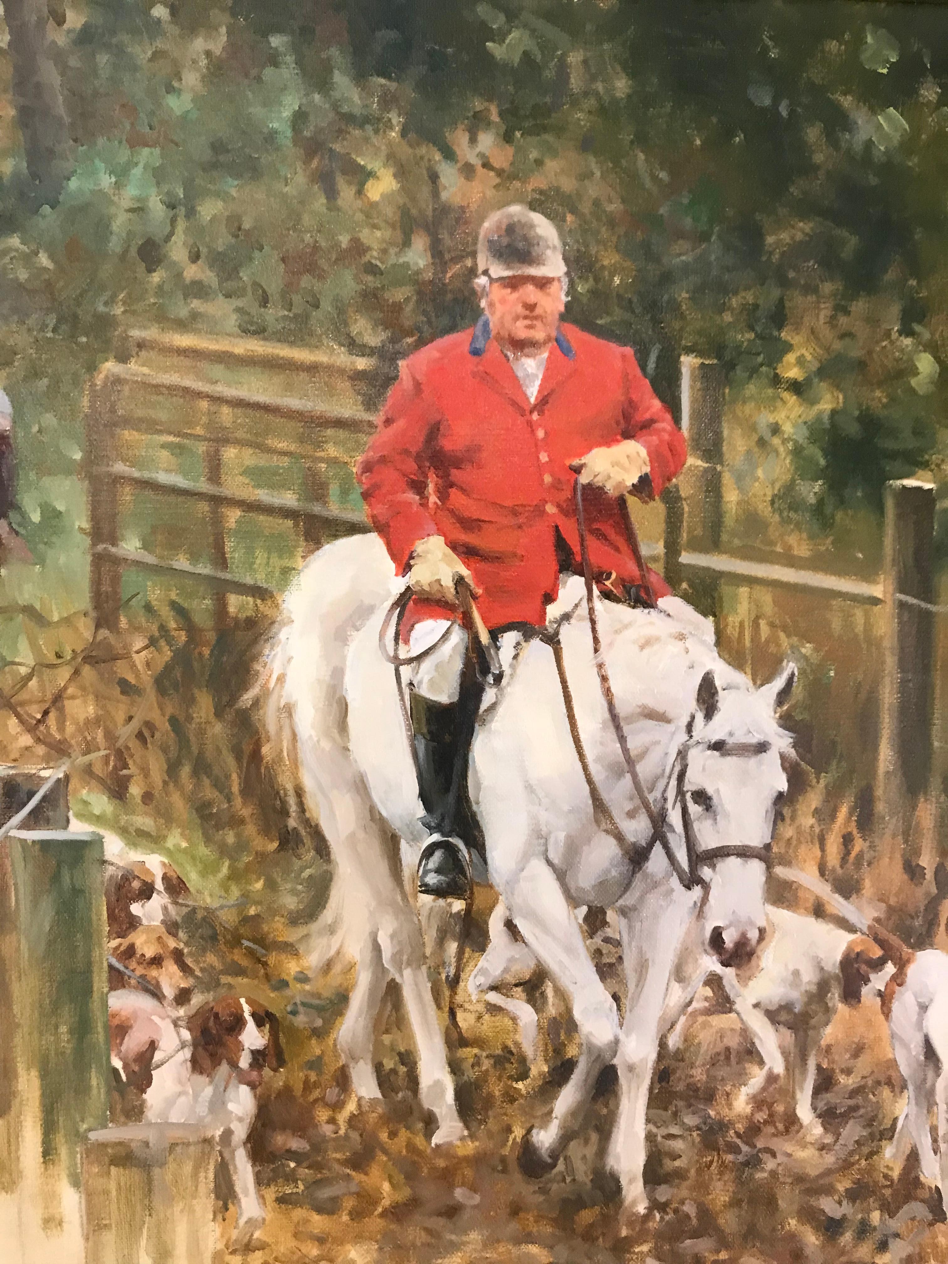 Contemporary, impressionistic Fox Hunt scene with Tommy Lee Jones, Huntsman (VA) - Painting by Larry Wheeler
