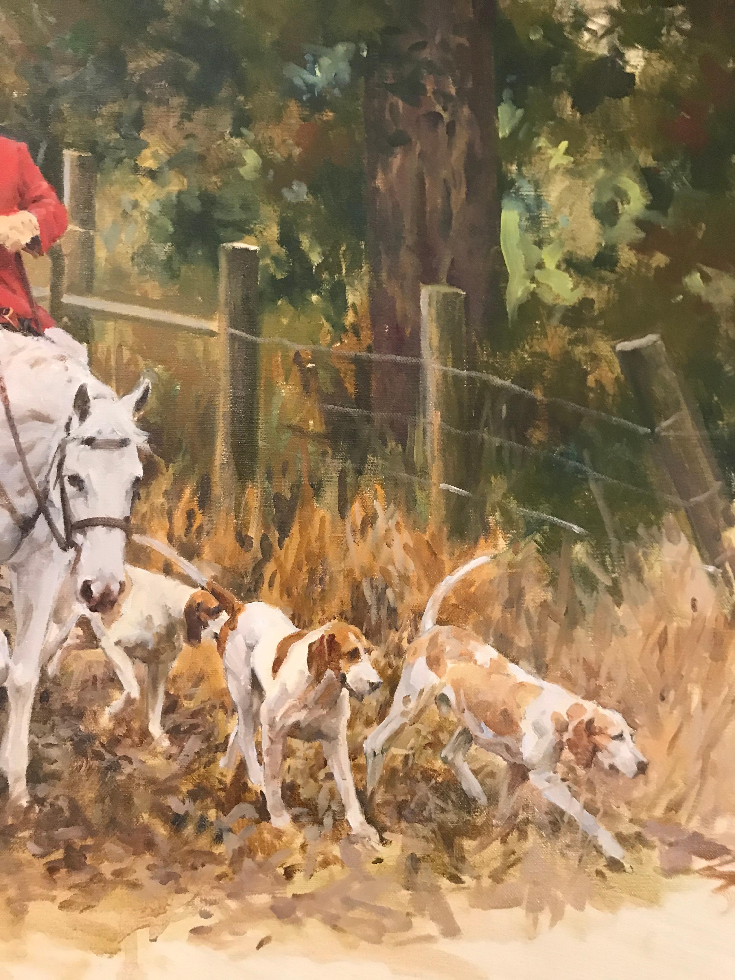 Scène contemporaine impressionniste de chasse à la renard avec Tommy Lee Jones, Huntsman (VA) - Impressionnisme Painting par Larry Wheeler
