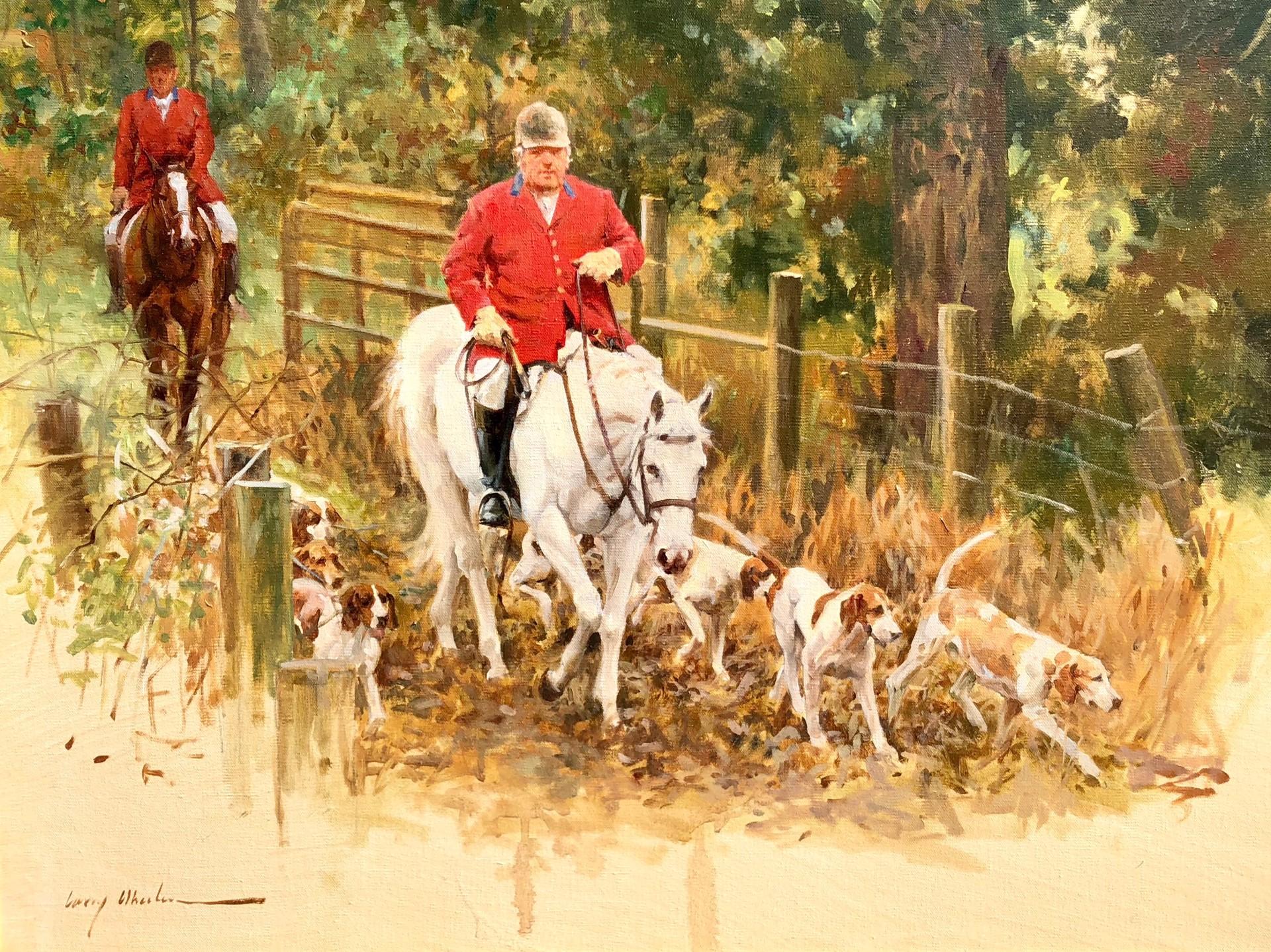 Landscape Painting Larry Wheeler - Scène contemporaine impressionniste de chasse à la renard avec Tommy Lee Jones, Huntsman (VA)