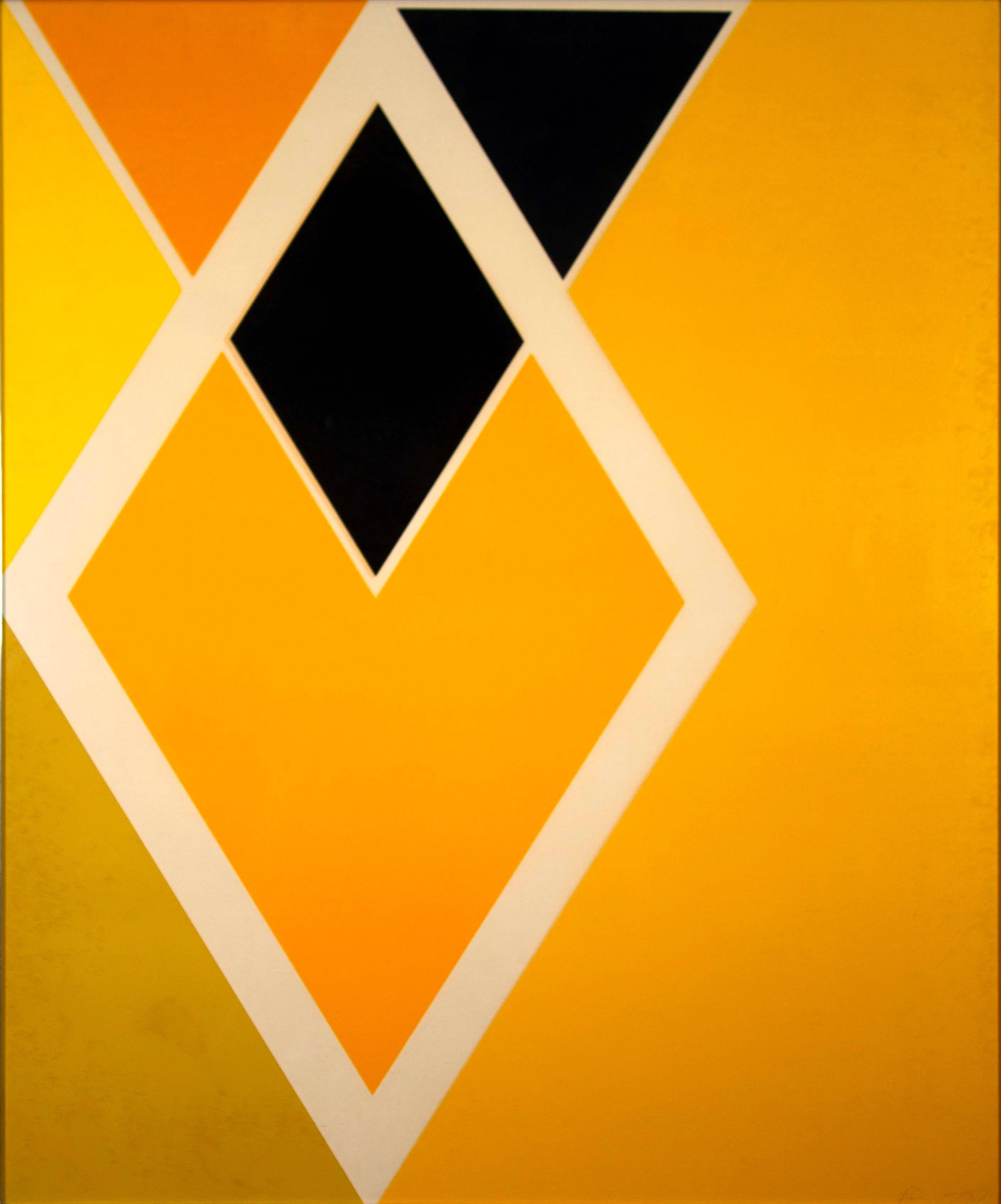 A minimal geometric serigraph on paper titled “Diamond Drill (Yellow, Black, & White)” by Larry Zox. Hand signed in pencil bottom right and annotated AP. Published in 1969; purchased in 1972. Original gallery tag from The J L Hudson Gallery on verso