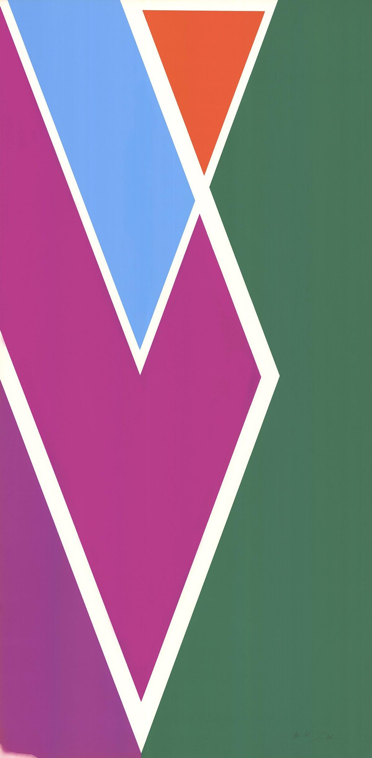 "Mostly Mozart Festival" di Larry Zox è una vibrante serigrafia del 1971, parte di un'edizione limitata firmata e numerata. L'opera è caratterizzata dai colori dominanti verde, rosso, viola e arancione, che si intersecano e si sovrappongono in