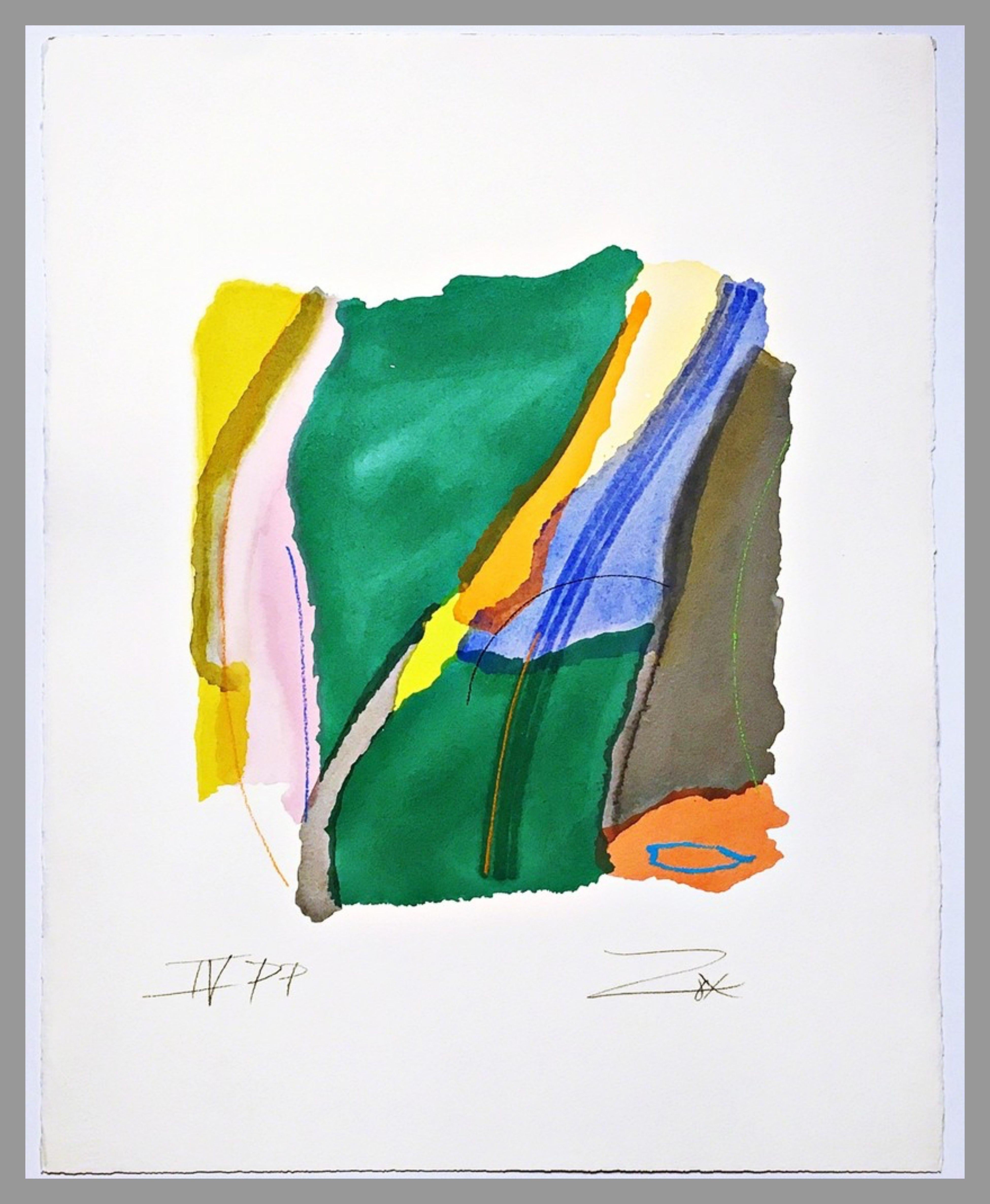 Larry Zox
Untitled IV, ca. 1979
Pochoir on Arches Paper with Deckled Edges. Hand signed and annotated Printers Proof in pencil on the lower front.
28 1/2 × 22 1/2 inches
Unframed
This beautiful Larry Zox pochoir on Arches paper with deckled edges a