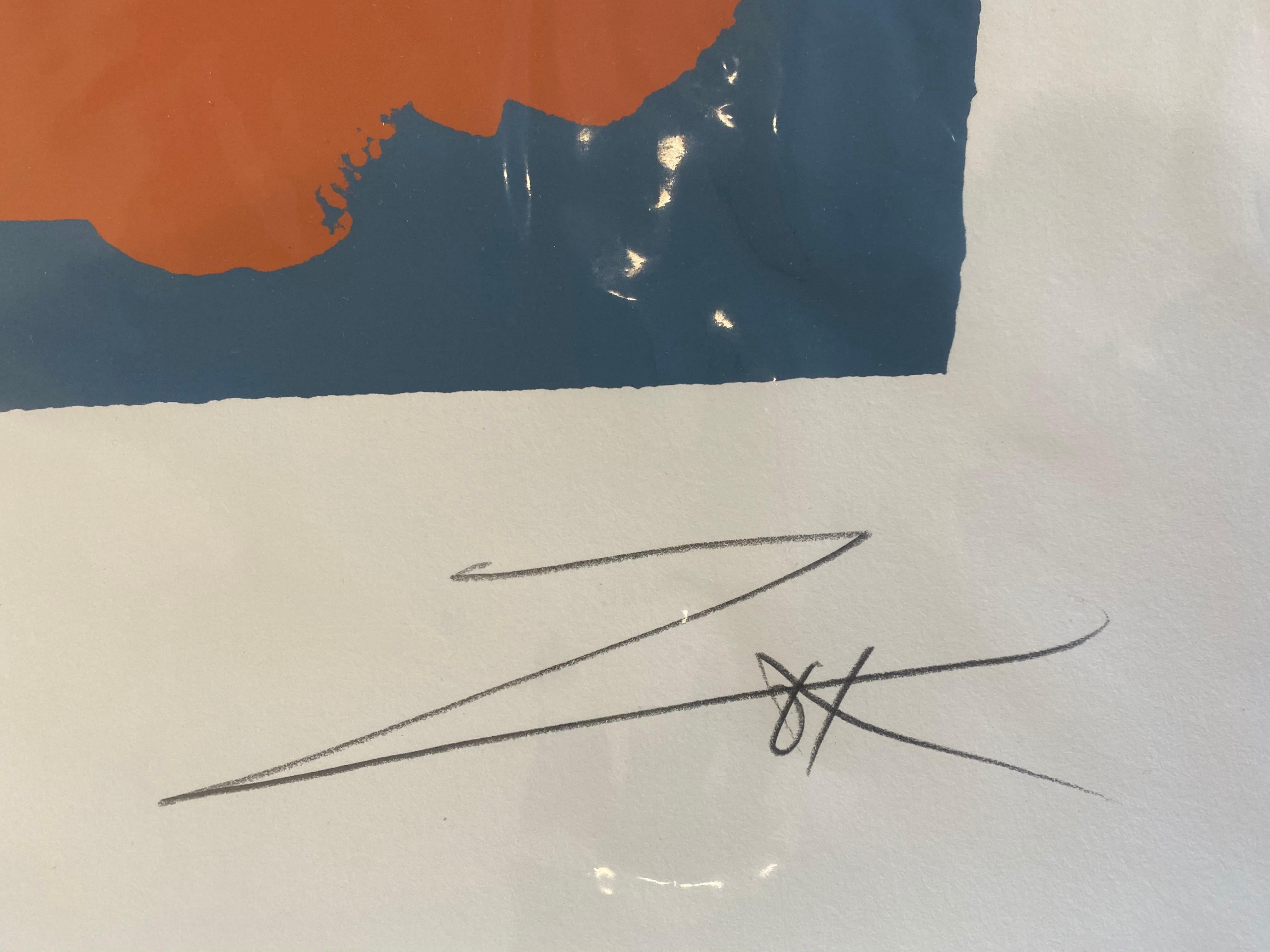 Grande sérigraphie abstraite dramatique en édition limitée aux couleurs orange et bleu audacieuses, signée et numérotée par l'artiste. L'impression est montée sur flotteur dans un cadre en bois peint en blanc sous plexiglas UV. Les dimensions du