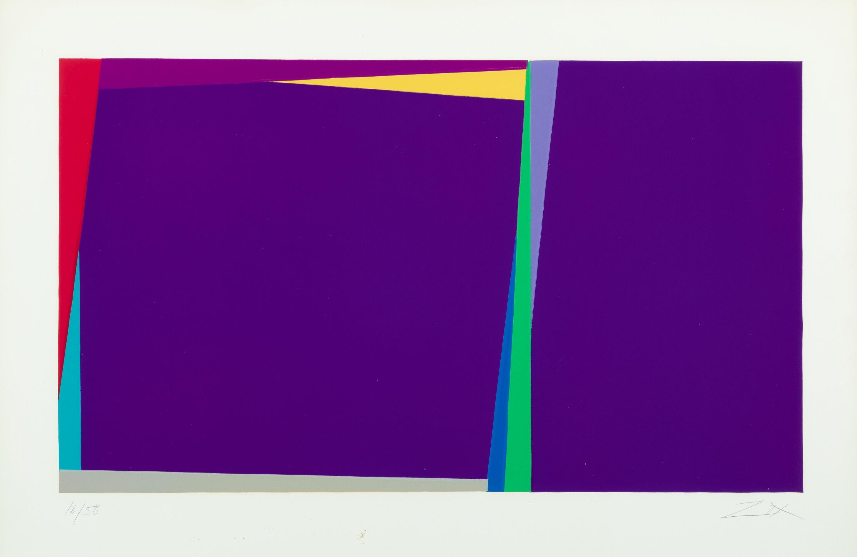 Artiste : Larry Zox
Titre : Composition pourpre
Année : 1971
Support : Linogravure, signée et numérotée au crayon
Edition : 6/50
Format du papier : 22 x 30 pouces (55,88 x 76,2 cm)