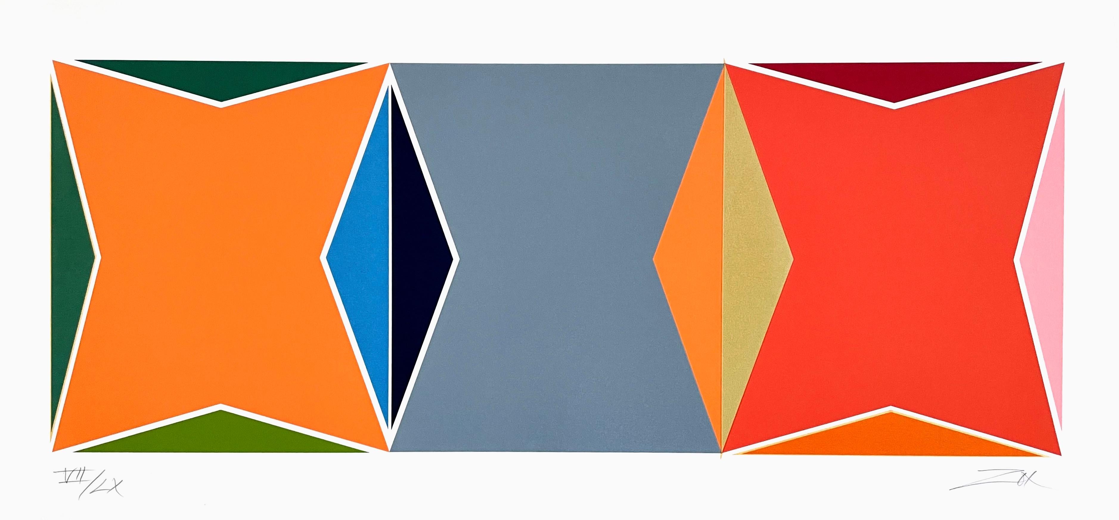 Artist: Larry Zox (1937-2006)
Title: Three Square Composition
Year: 1978
Edition: VII/LX; 200 Arabic Numeral, 60 Roman Numeral, plus proofs
Medium: Silkscreen on Arches paper
Size: 25 x 52 inches
Condition: Good
Inscription: Signed and numbered by