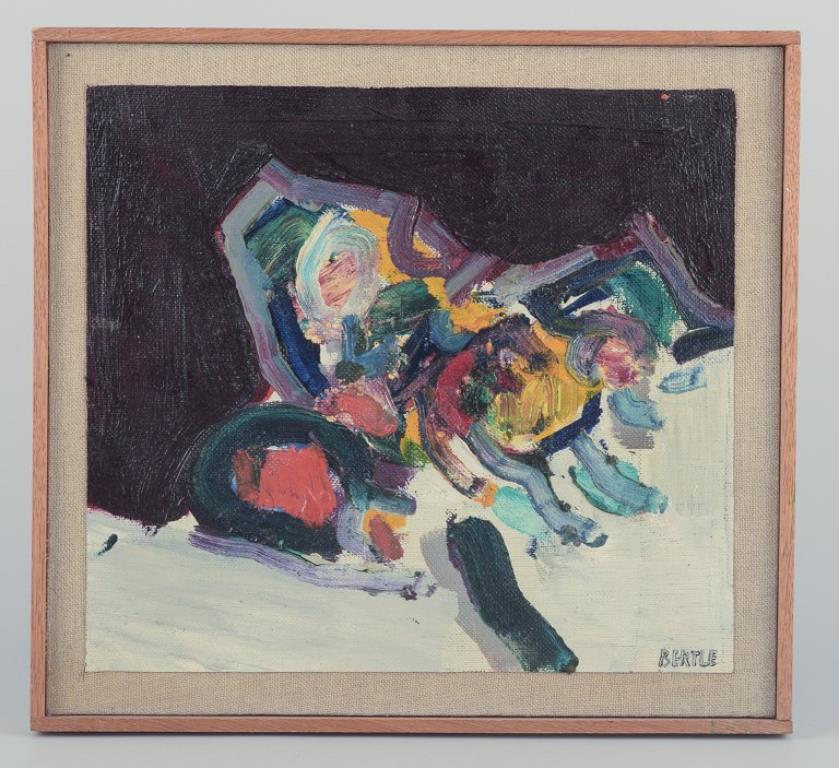 Lars Bertle (geboren 1925), börsennotierter schwedischer Künstler.
Öl auf Leinwand auf Paneel montiert.
Abstrakte Zusammensetzung. Bunte Palette. Impasto-Pinselstriche.
Titel: 