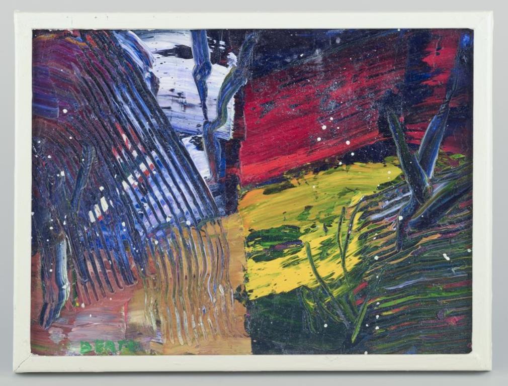 Lars Bertle (geb. 1925), eingetragener schwedischer Künstler, Öl auf Tafel.
Abstrakte Zusammensetzung. Bunte Palette. Impasto-Pinselstriche.
Titel: 