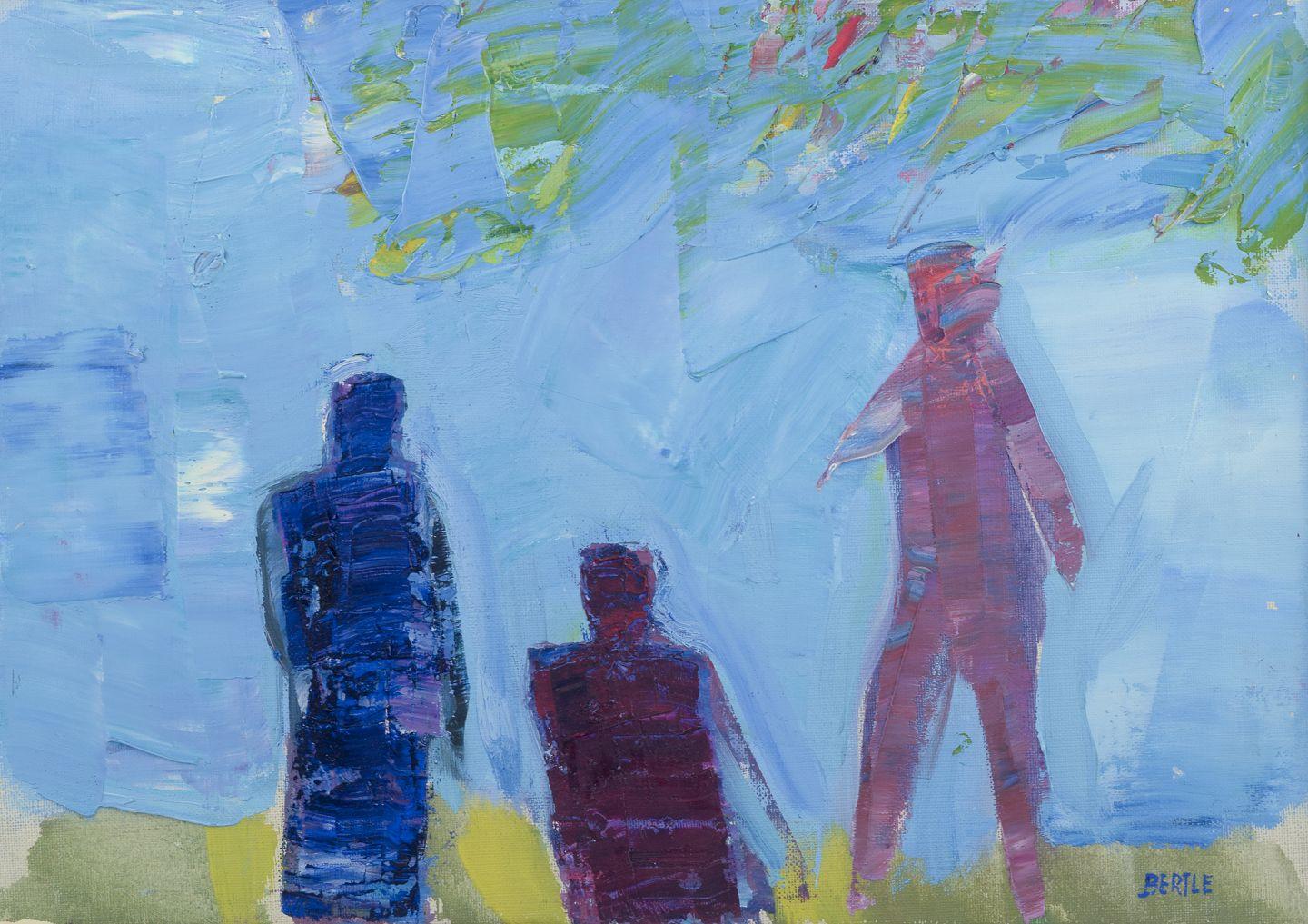 Lars Bertle, artista svedese. Olio su tela. Tre persone in un paesaggio, anni '60