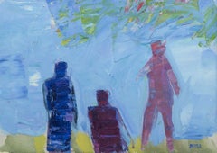 Lars Bertle, artista svedese. Olio su tela. Tre persone in un paesaggio, anni '60