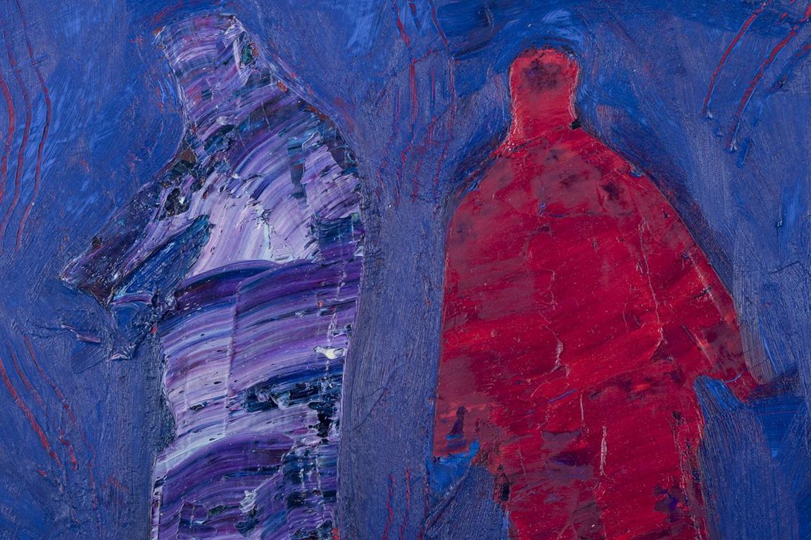 Moderno Lars Bertle, artista svedese. Olio su tela. Due persone in un paesaggio, anni '60 in vendita