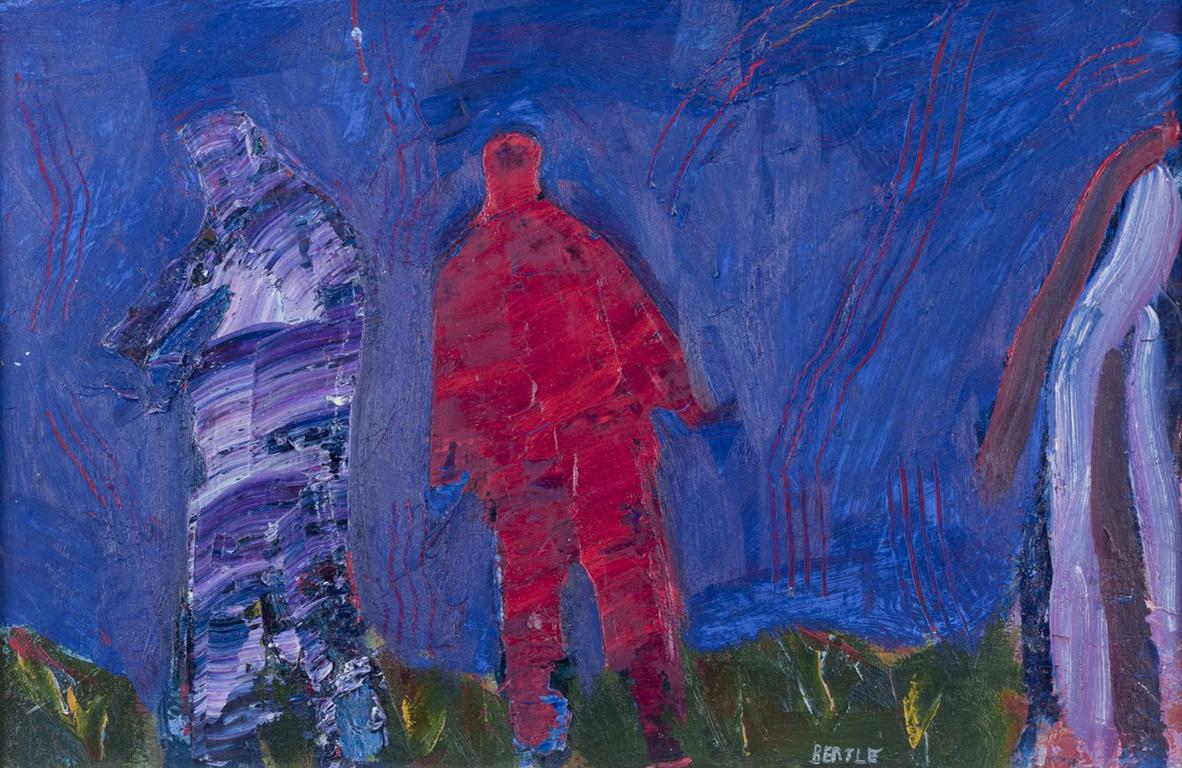 Lars Bertle, artista svedese. Olio su tela. Due persone in un paesaggio, anni '60